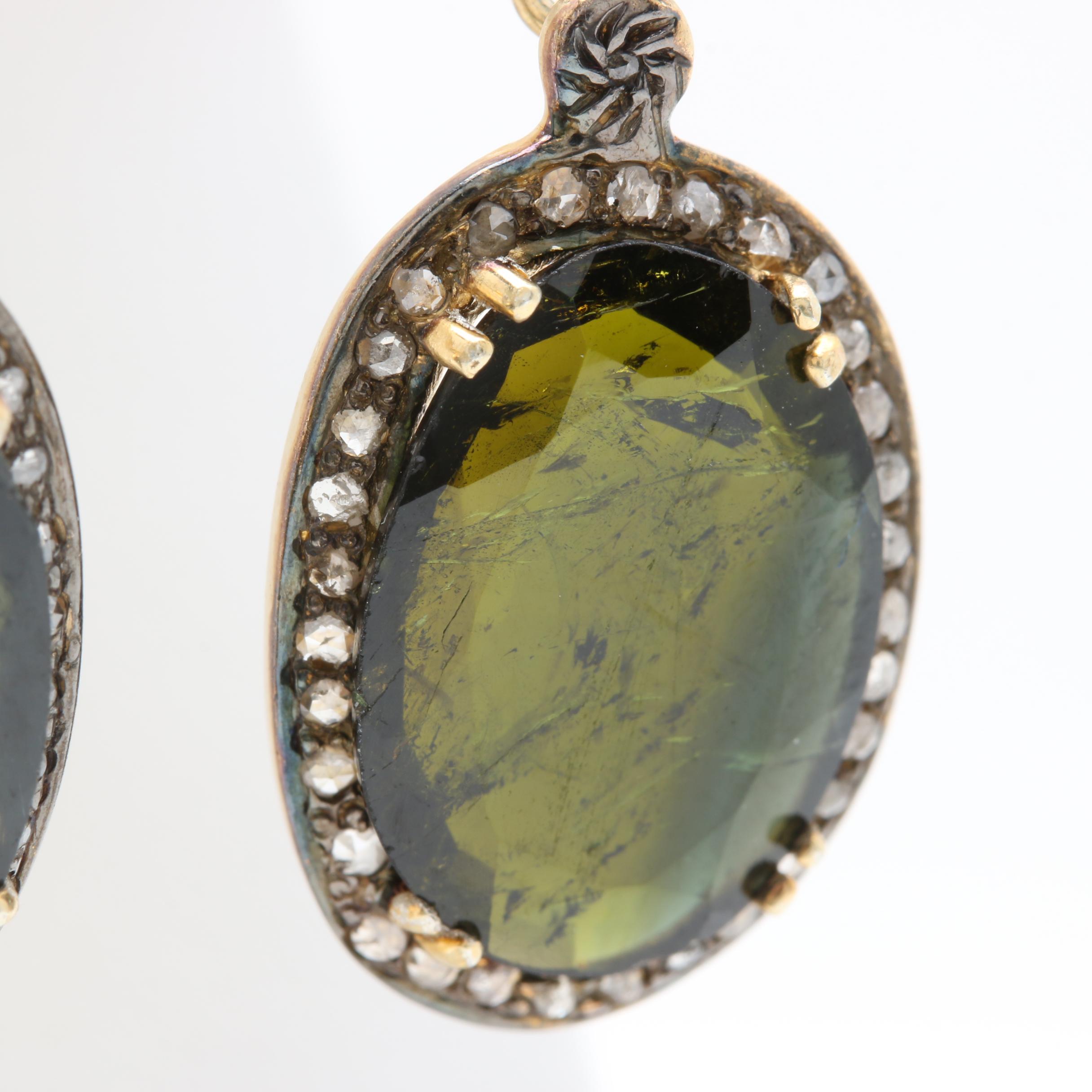 Gold Wash on Sterling Silver Tourmaline and Diamond Earrings