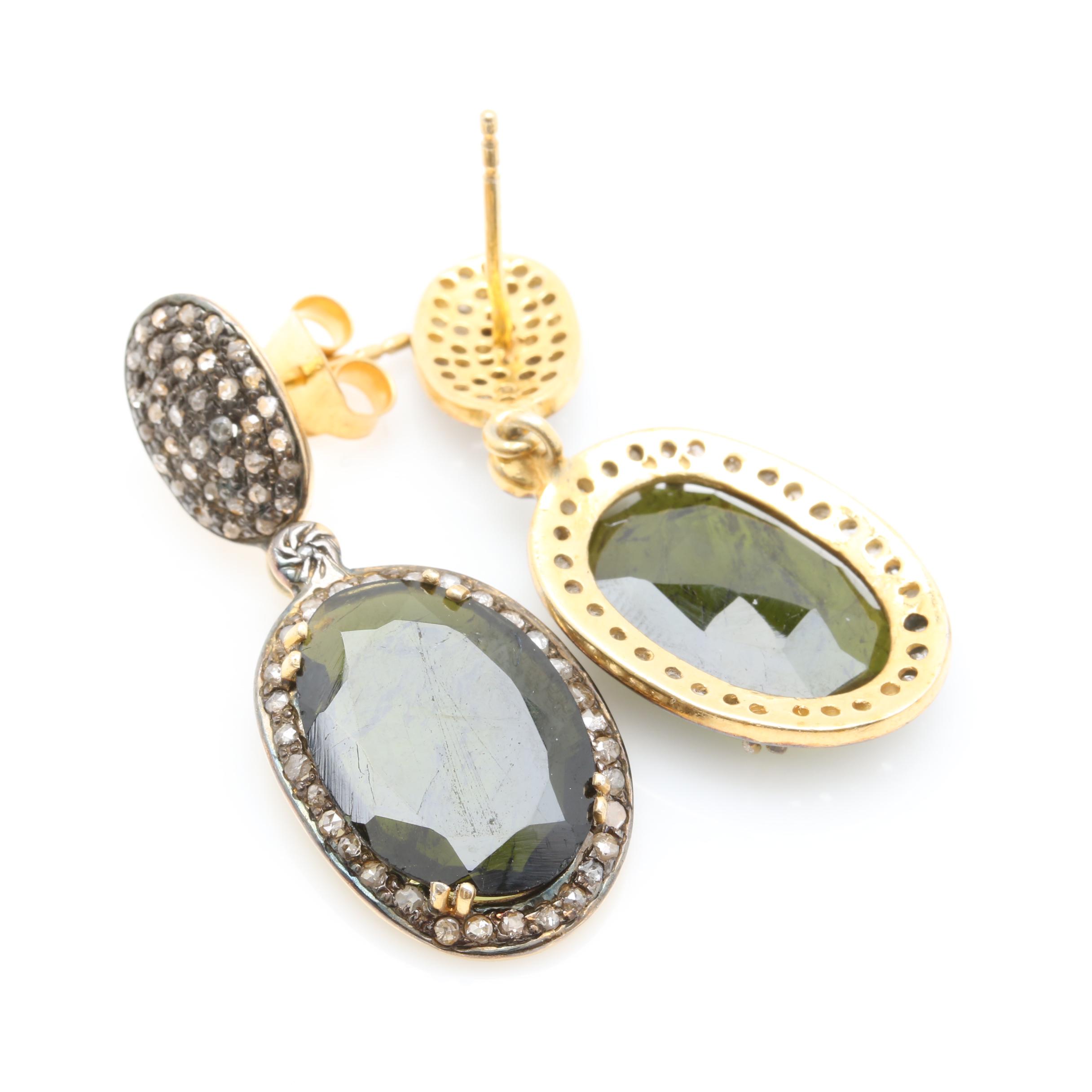 Gold Wash on Sterling Silver Tourmaline and Diamond Earrings