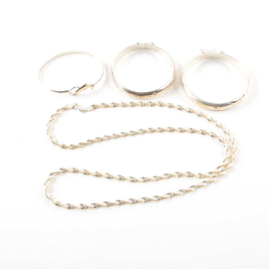 Sterling Silver Bangle Bracelets and Chain Necklace