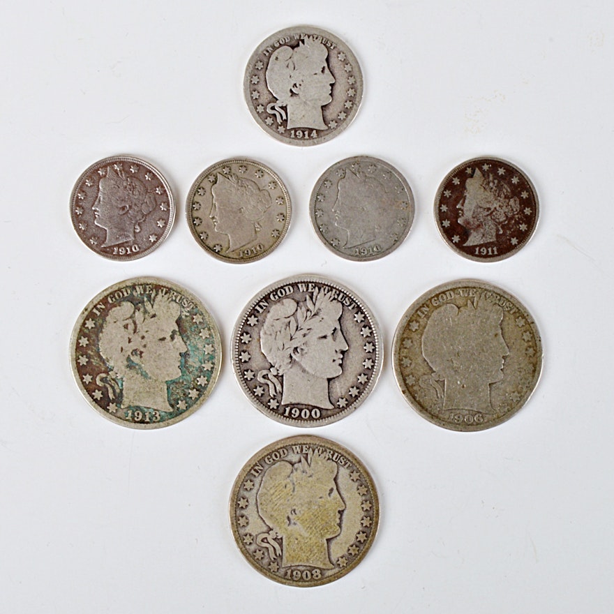 1900-1914 Barber Nickel Five Cents, Silver Quarters and Half Dollars