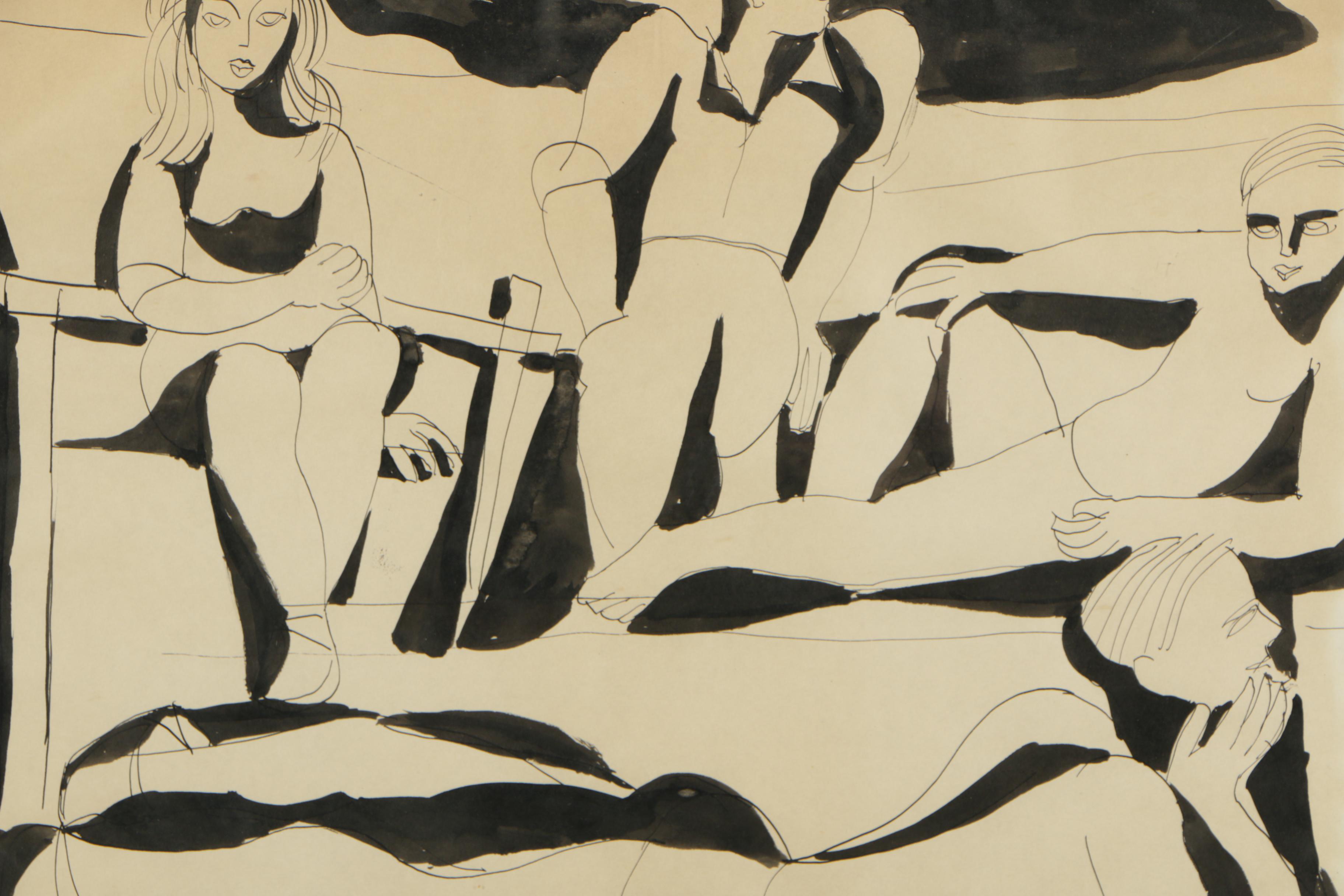 Gerard Singer Ink Painting of a Group