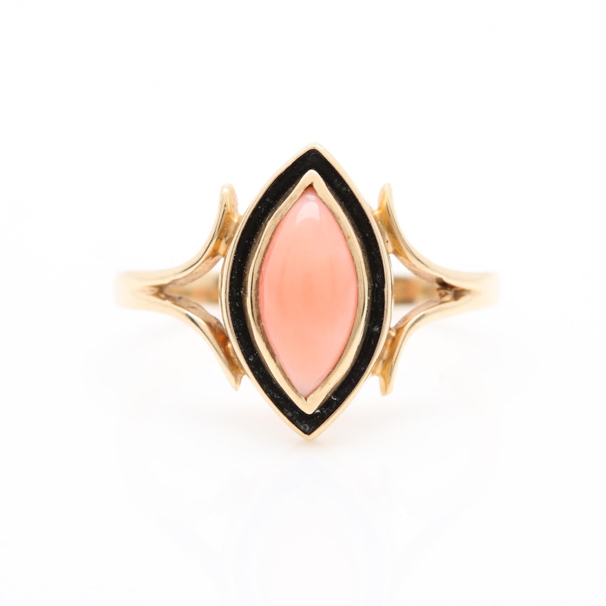 14K Yellow Gold Coral and Enamel Ring