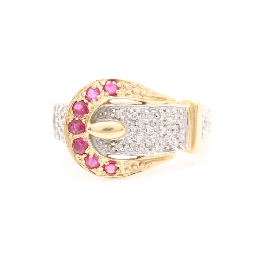 14K Yellow Gold Ruby and Diamond Buckle Ring