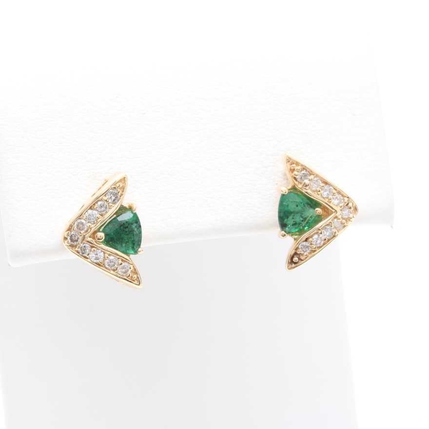 14K Yellow Gold Emerald and Diamond Stud Earrings