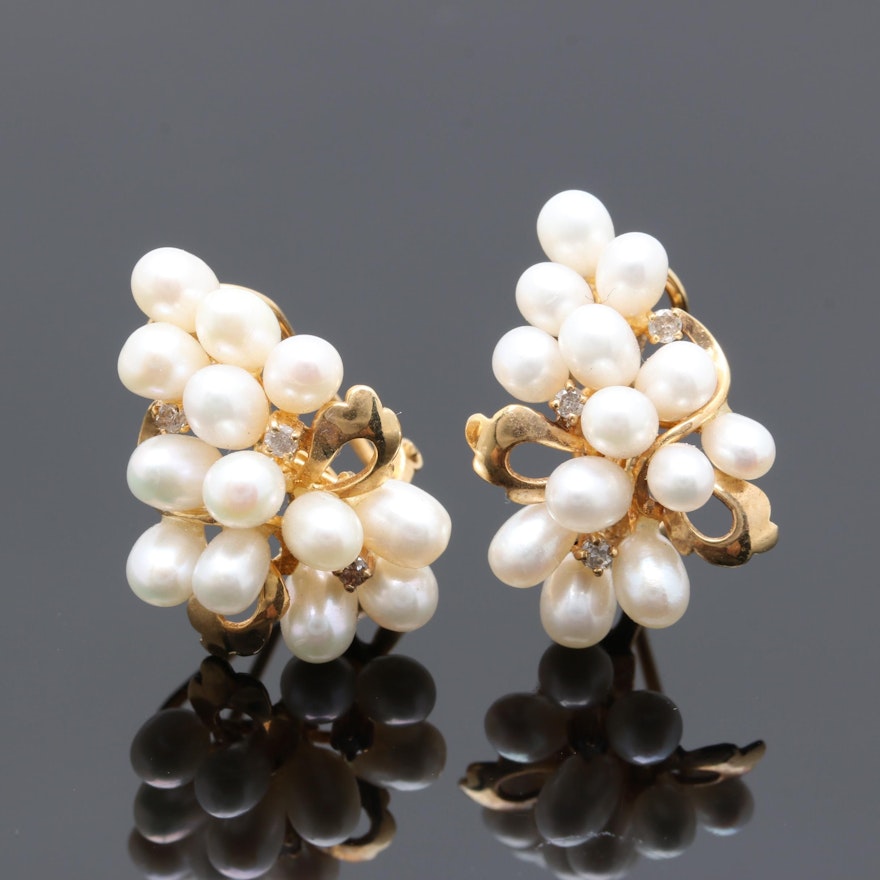 14K Yellow Gold Cultured Pearl and Diamond Cluster Earrings