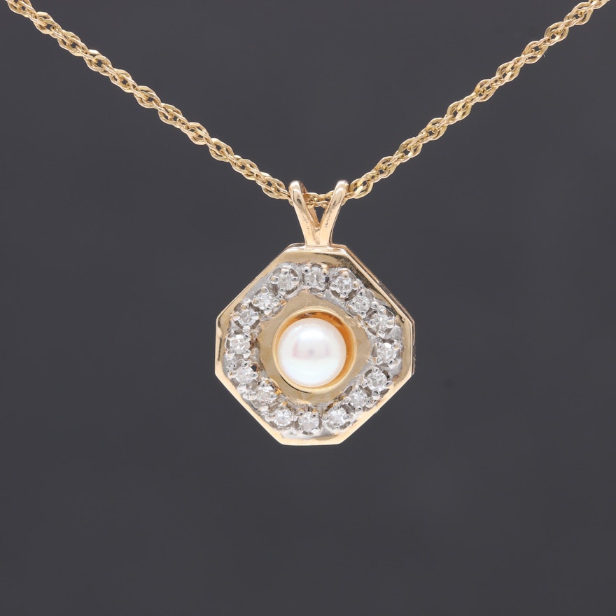 14K Yellow Gold Cultured Pearl and Diamond Pendant Necklace