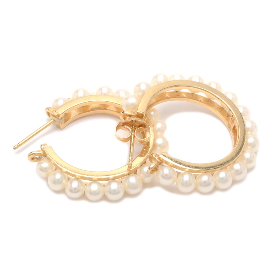 14K Yellow Gold Cultured Pearl Hoop Earrings