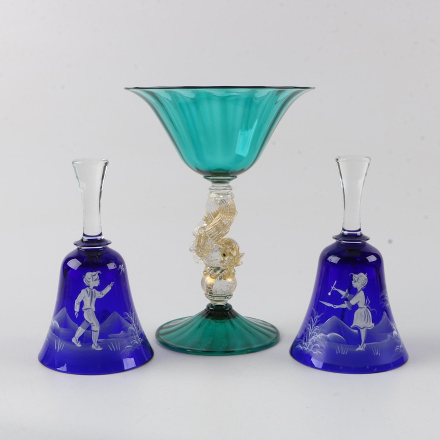 Hand-Painted Glass Hand Bells and Compote