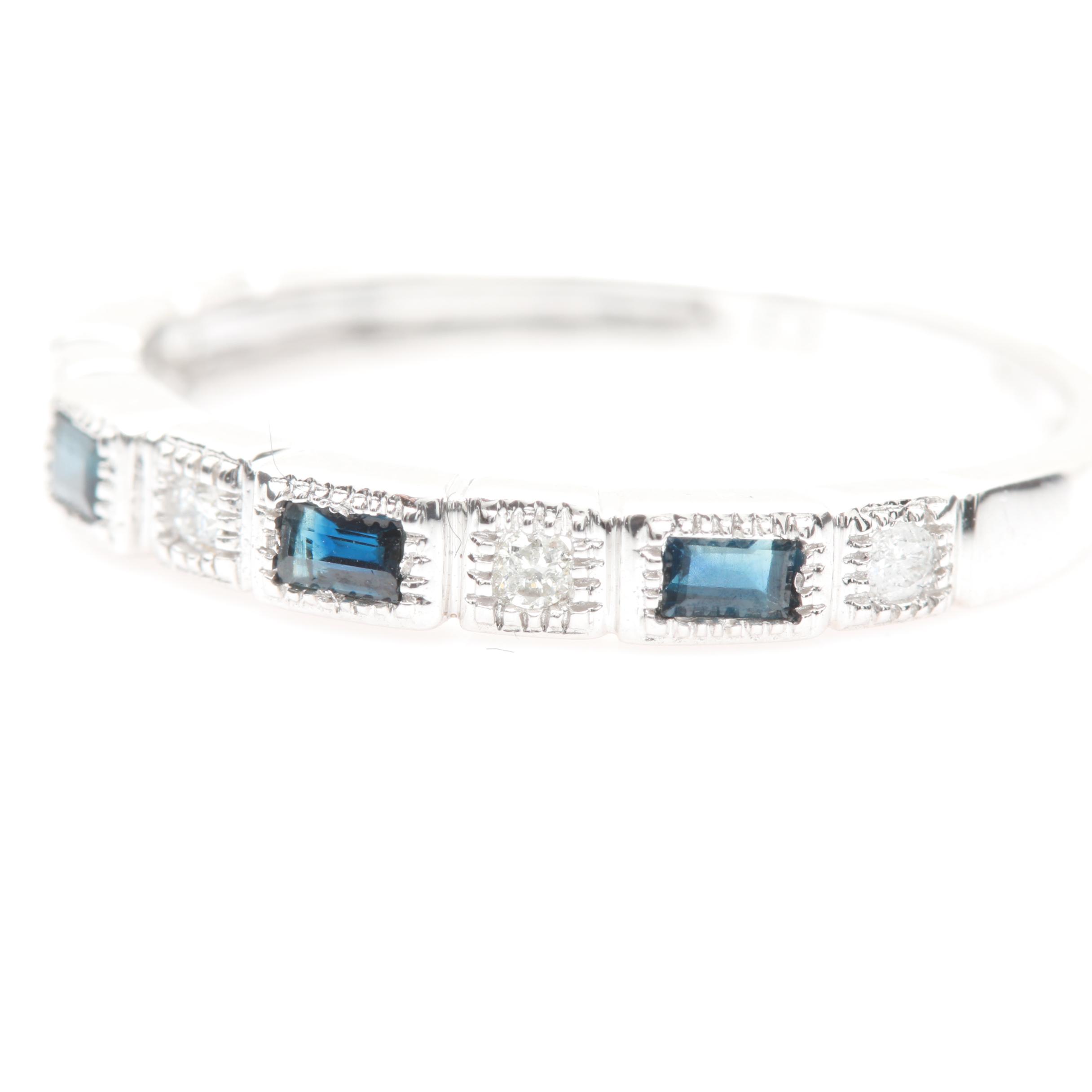 10K White Gold Diamond and Blue Sapphire Band