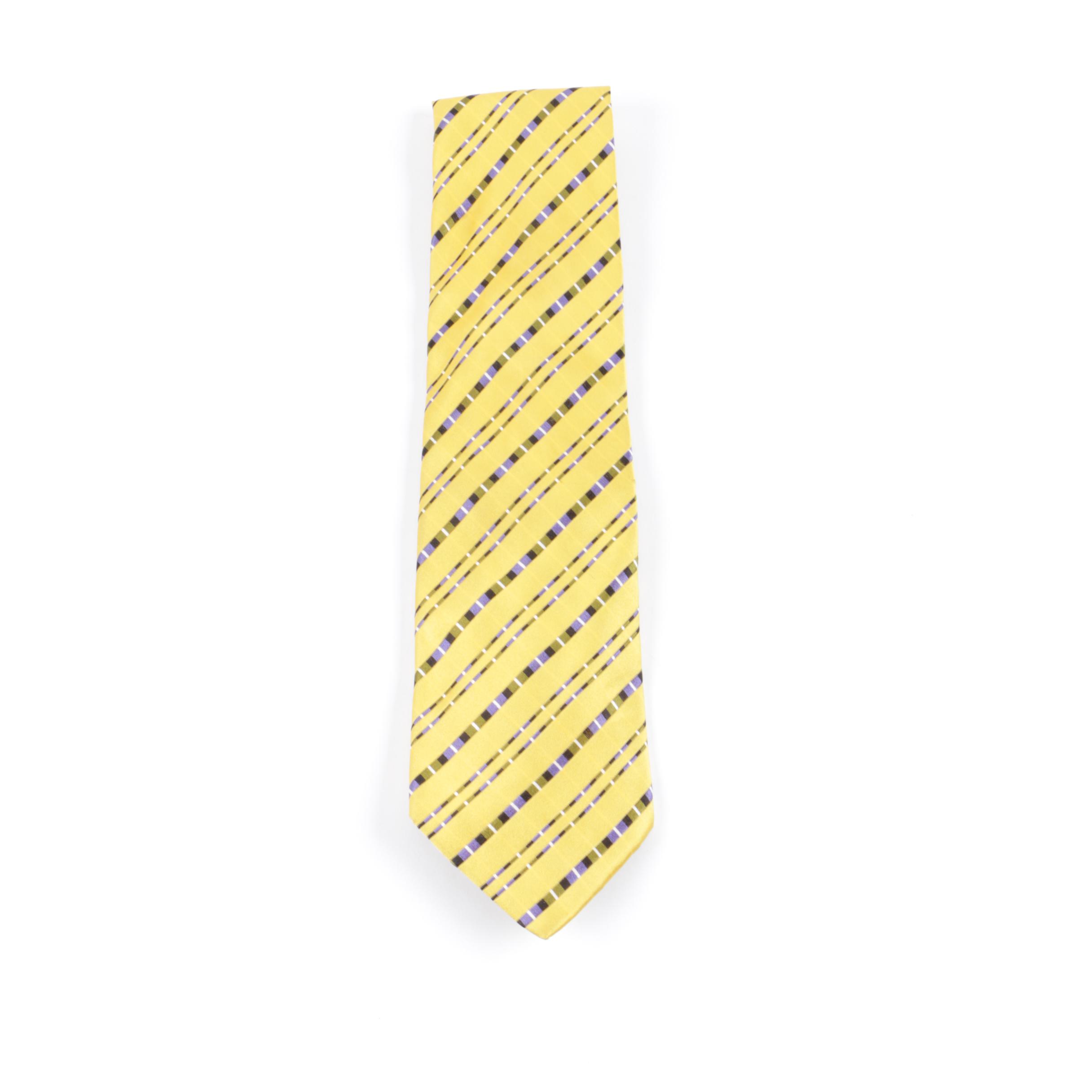 Men's Bally Yellow Silk Necktie with Blue, Green, Black and White Stripes