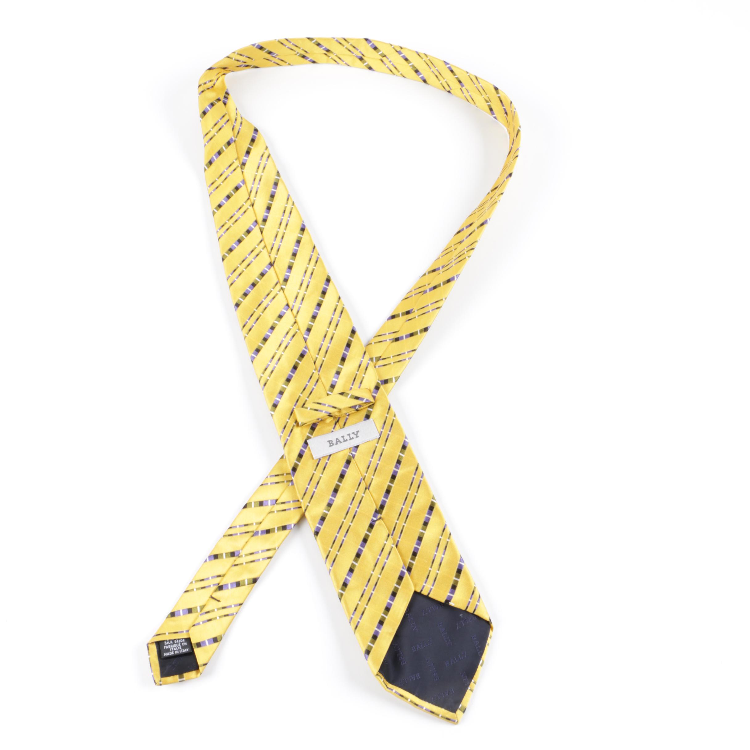 Men's Bally Yellow Silk Necktie with Blue, Green, Black and White Stripes