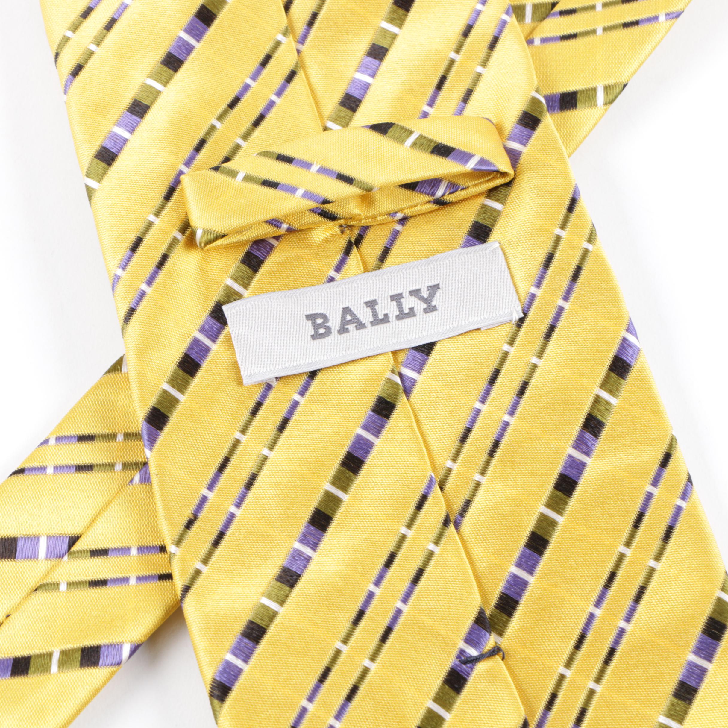 Men's Bally Yellow Silk Necktie with Blue, Green, Black and White Stripes