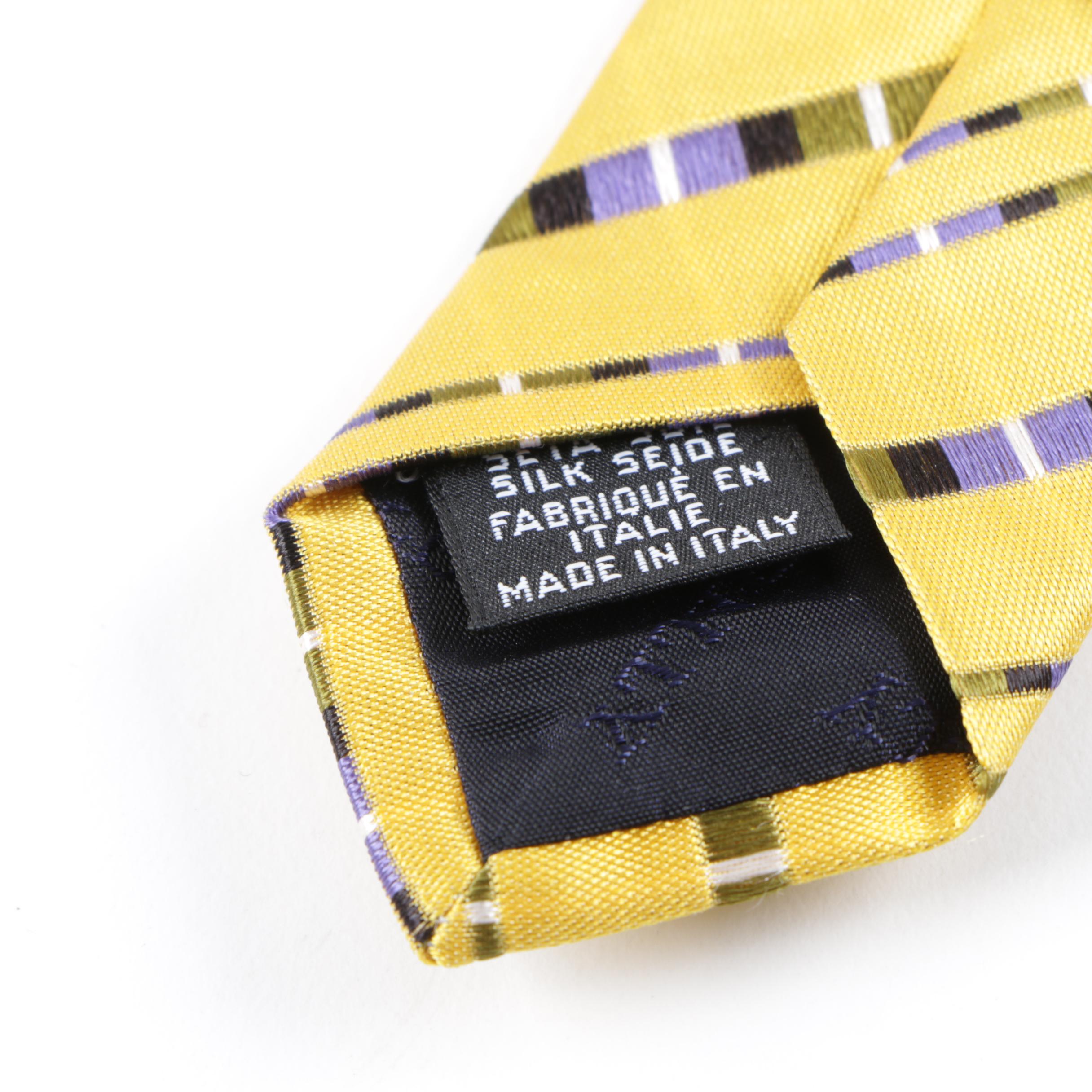 Men's Bally Yellow Silk Necktie with Blue, Green, Black and White Stripes