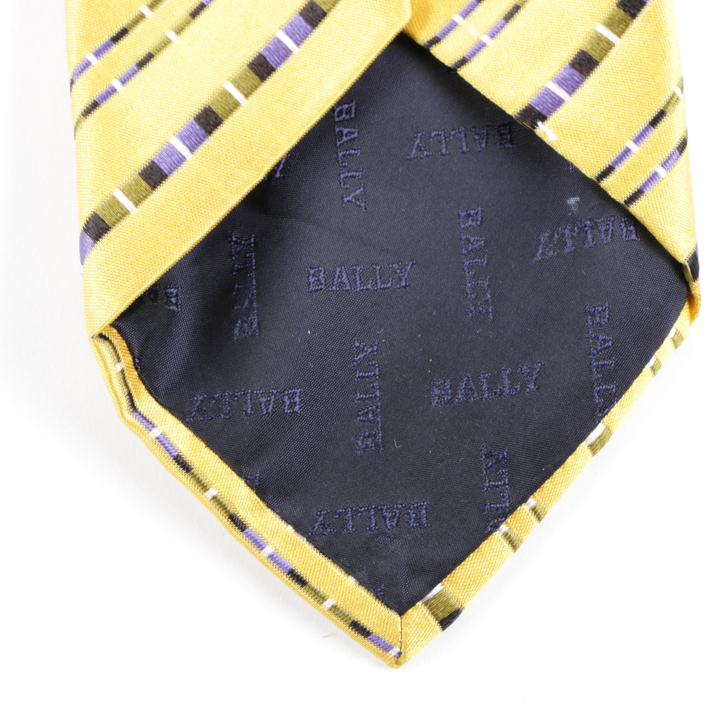 Men's Bally Yellow Silk Necktie with Blue, Green, Black and White Stripes