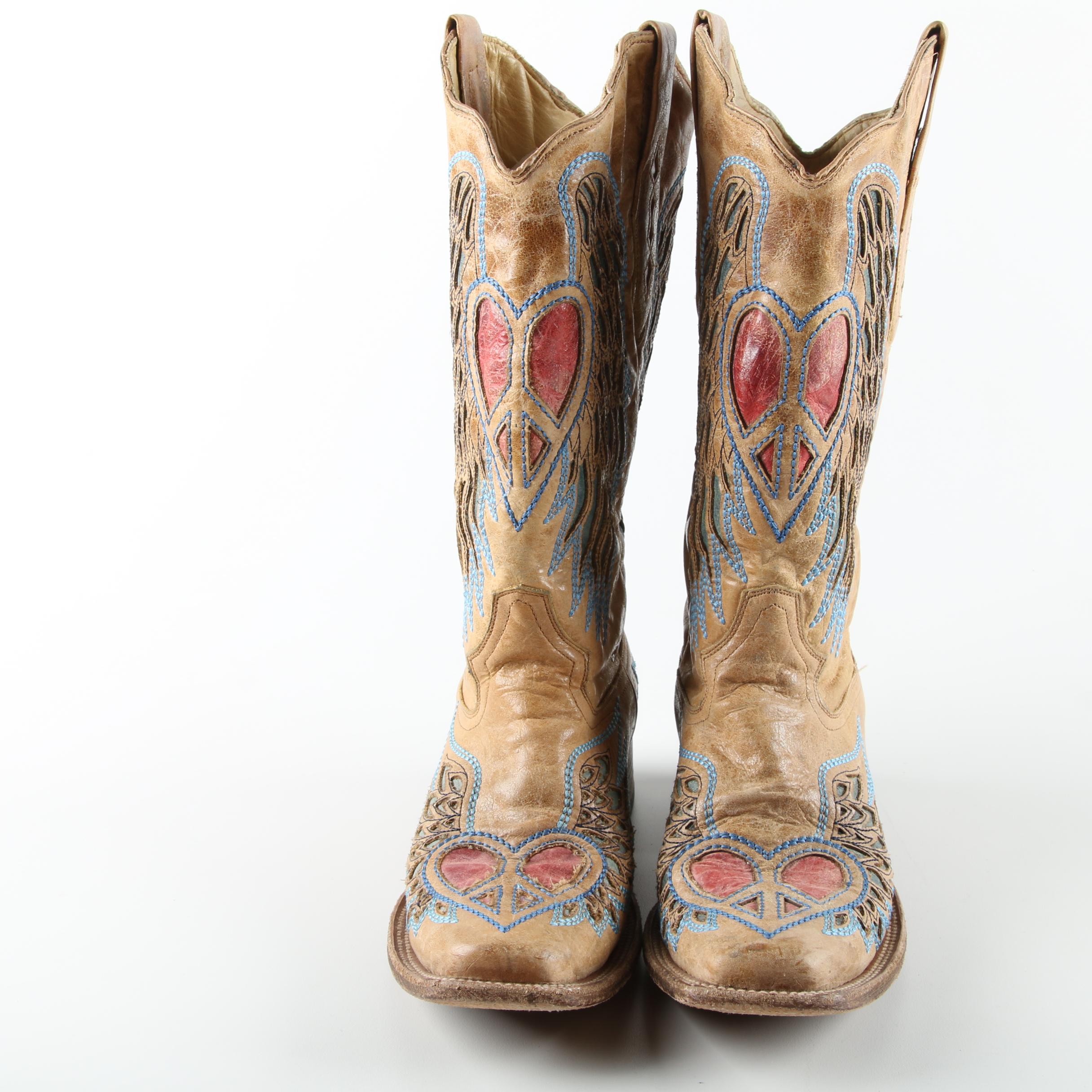 Women's Corral Leather Western Boots with Cut-Out Peace Heart Designs with Wings