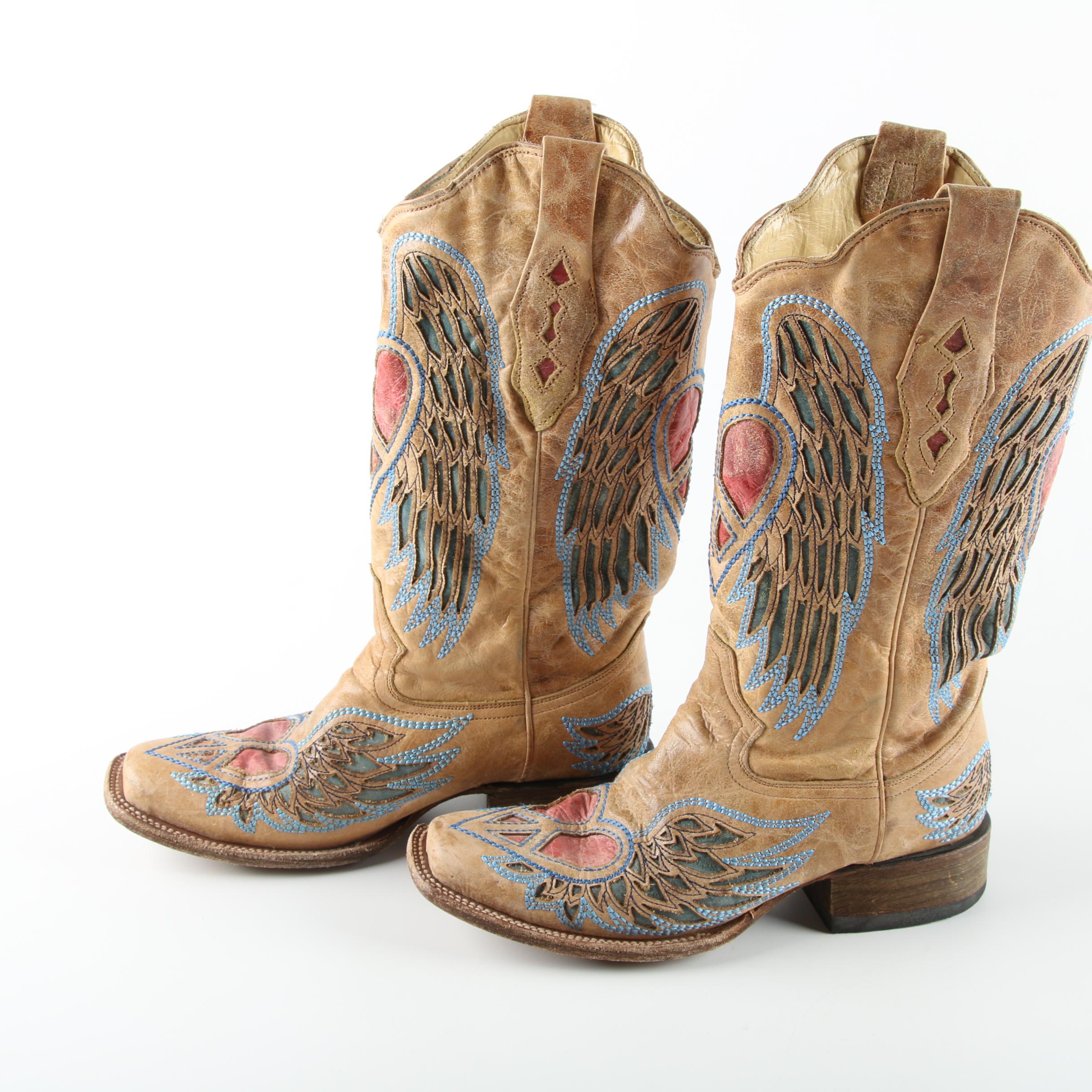 Women's Corral Leather Western Boots with Cut-Out Peace Heart Designs with Wings
