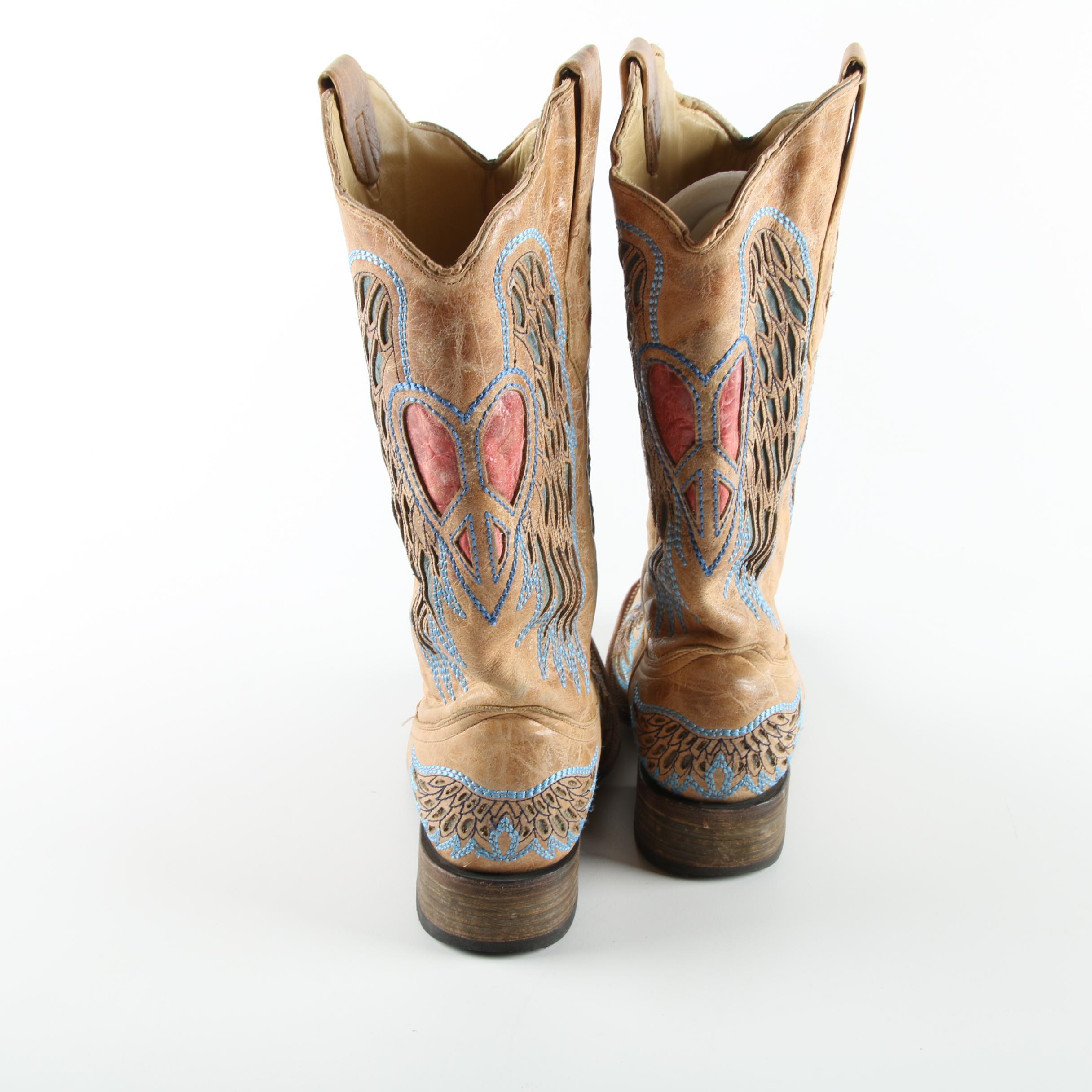 Women's Corral Leather Western Boots with Cut-Out Peace Heart Designs with Wings