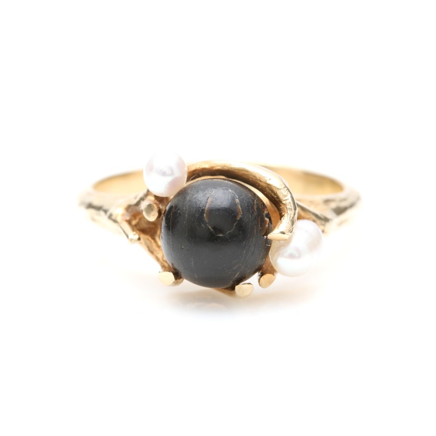 14K Yellow Gold Black Coral and Cultured Pearl Ring