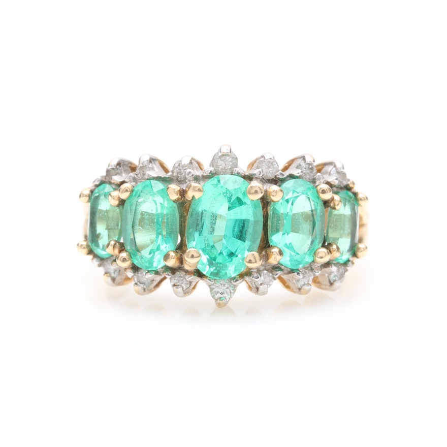 14K Yellow Gold Synthetic Emerald and Diamond Ring