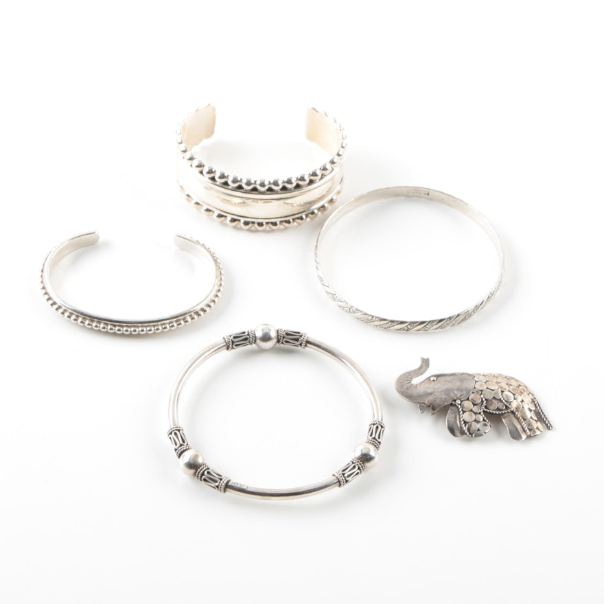 Sterling Silver Bracelets and Elephant Brooch