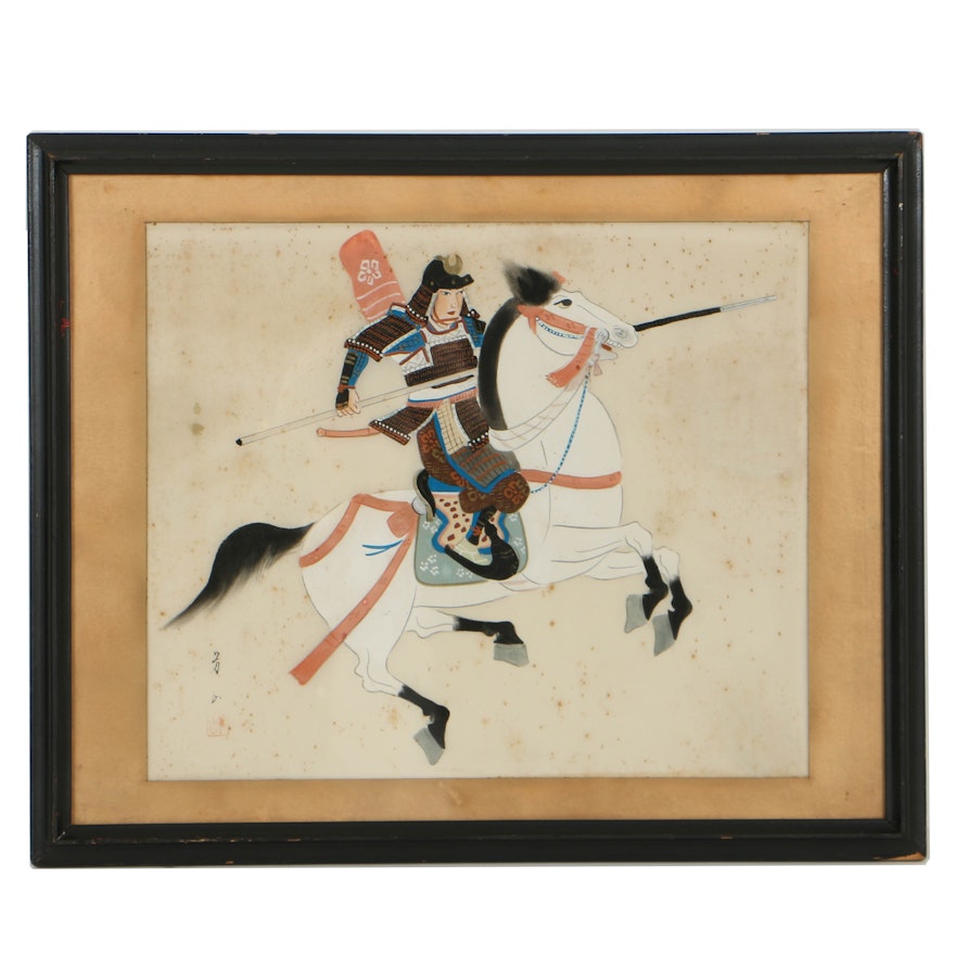 Japanese Gouache Painting of Samurai on Horseback