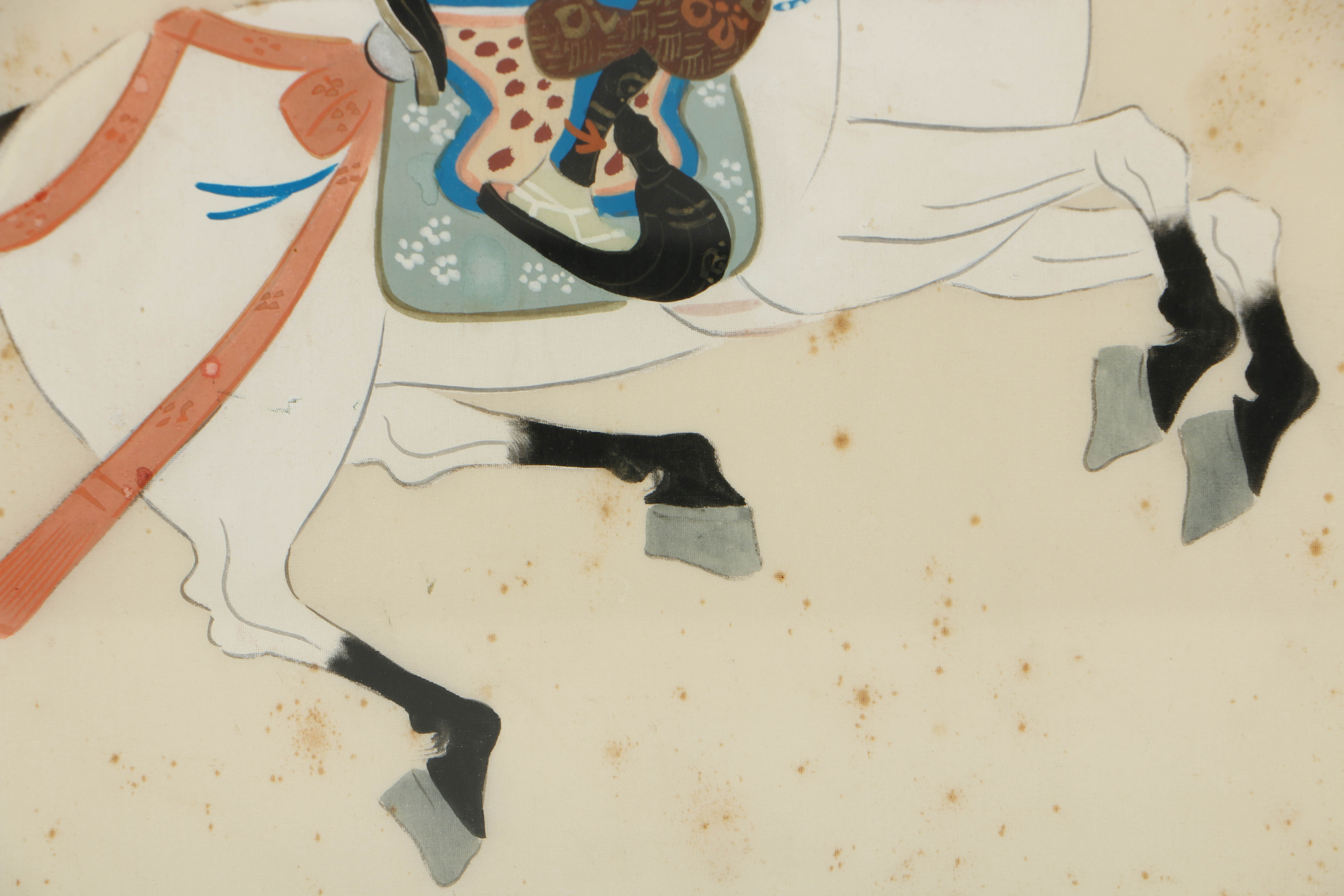Japanese Gouache Painting of Samurai on Horseback