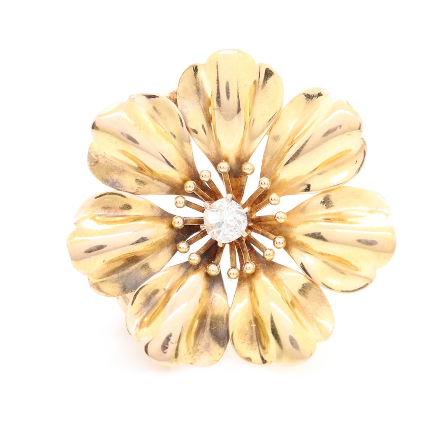 18K Yellow Gold Diamond Flower Converter Brooch with 14K Yellow Gold Accents