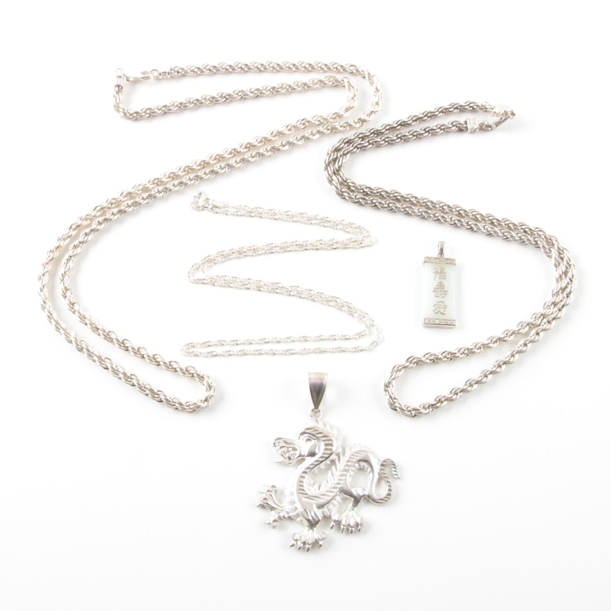 Sterling Silver Necklaces and Pendants Including Jadeite and Dragon Motif