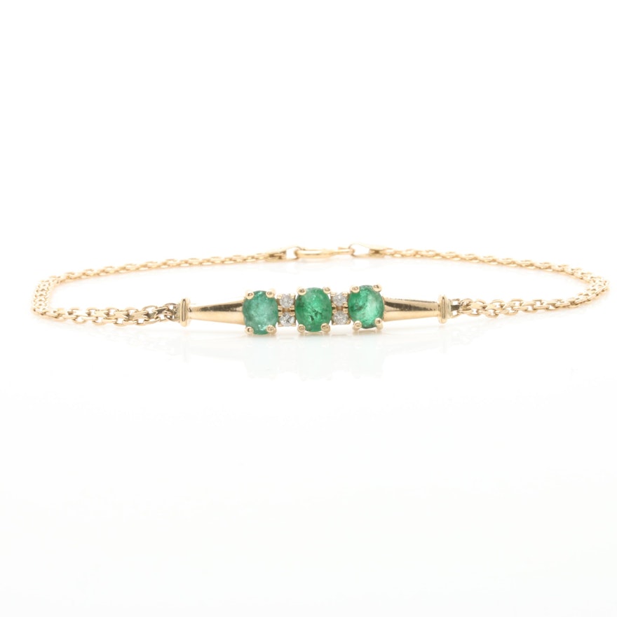 14K Yellow Gold Emerald and Diamond Bismark Link Chain Bracelet