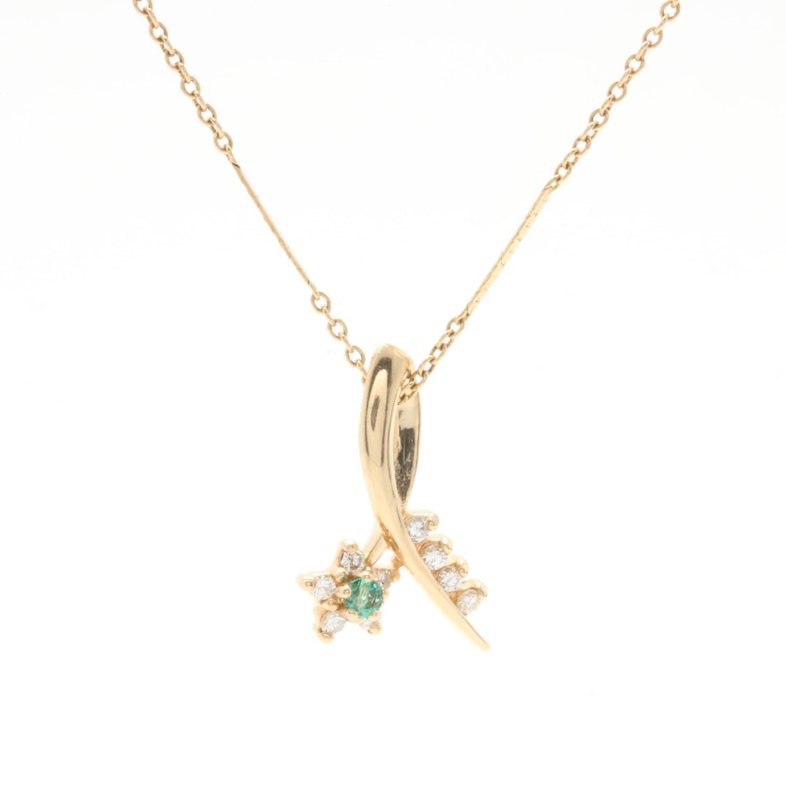 14K Yellow Gold Emerald and Diamond Pendant Necklace