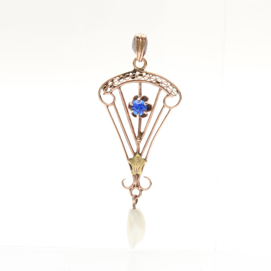 Victorian 10K Yellow Gold Glass and Pearl Lavalier Pendant