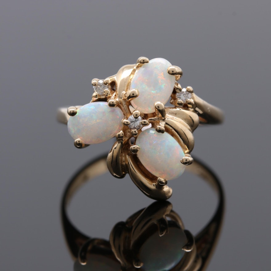 14K Yellow Gold Opal and Diamond Trefoil Ring