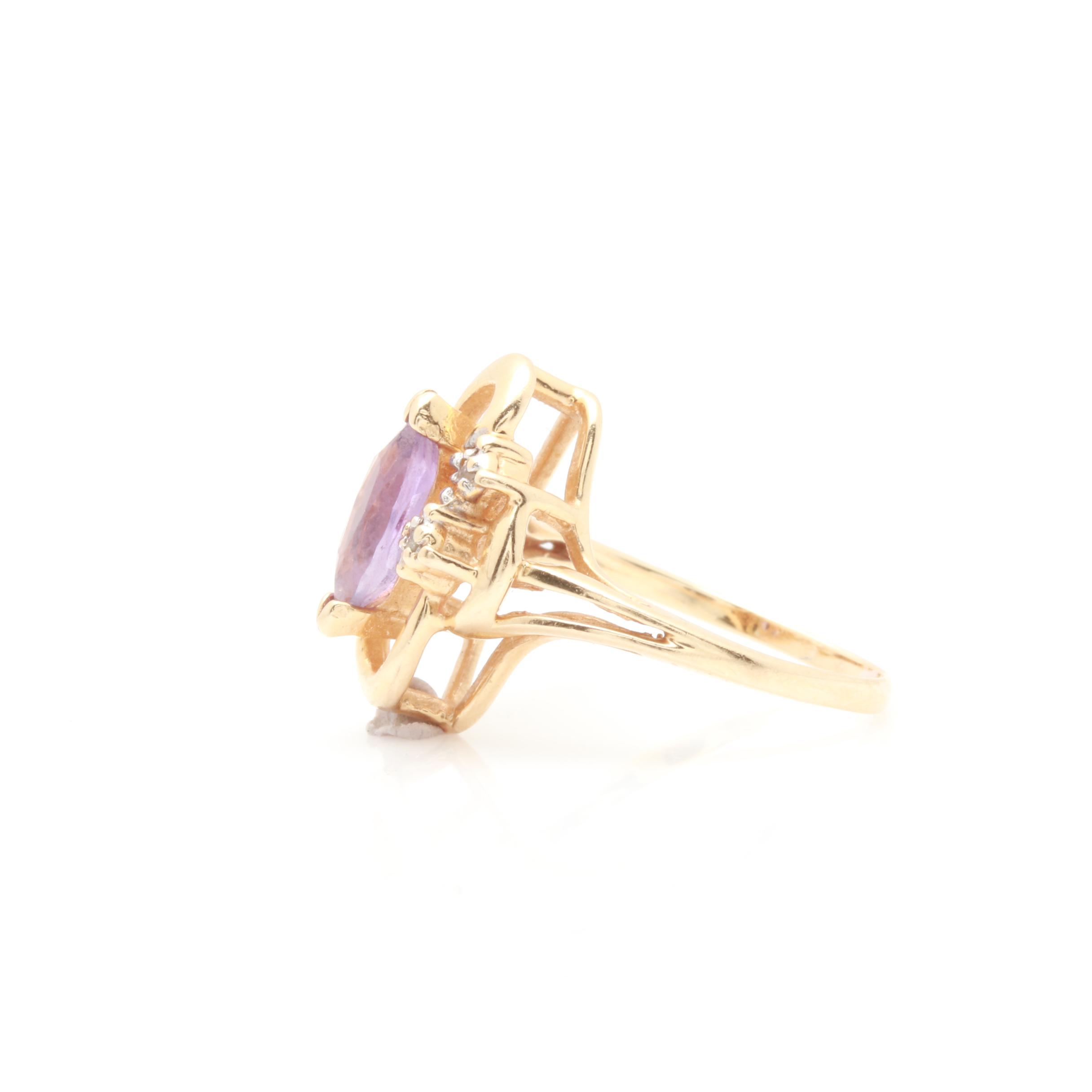 14K Yellow Gold Amethyst and Diamond Ring
