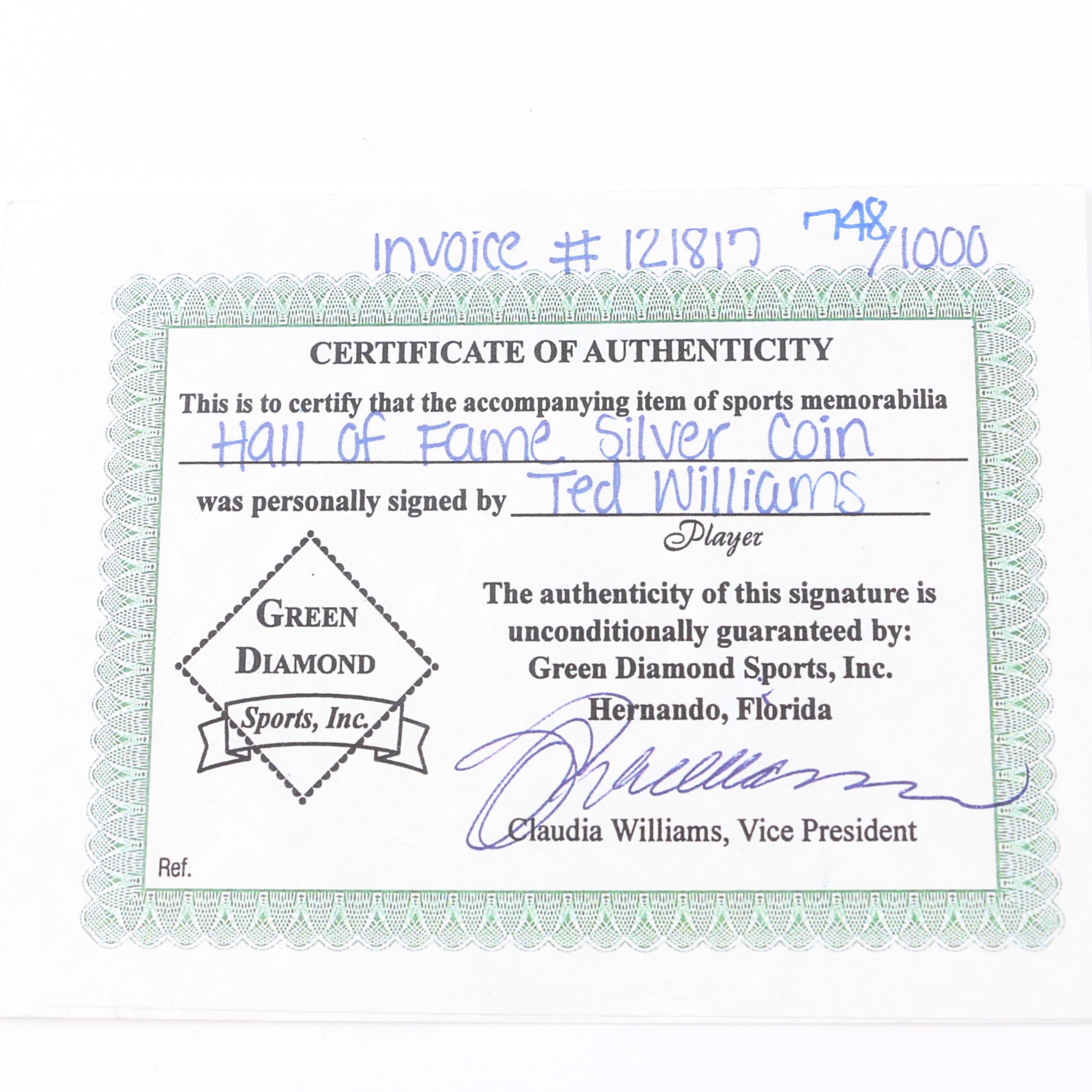 Ted Williams Autographed 500 Club Silver Coin Display