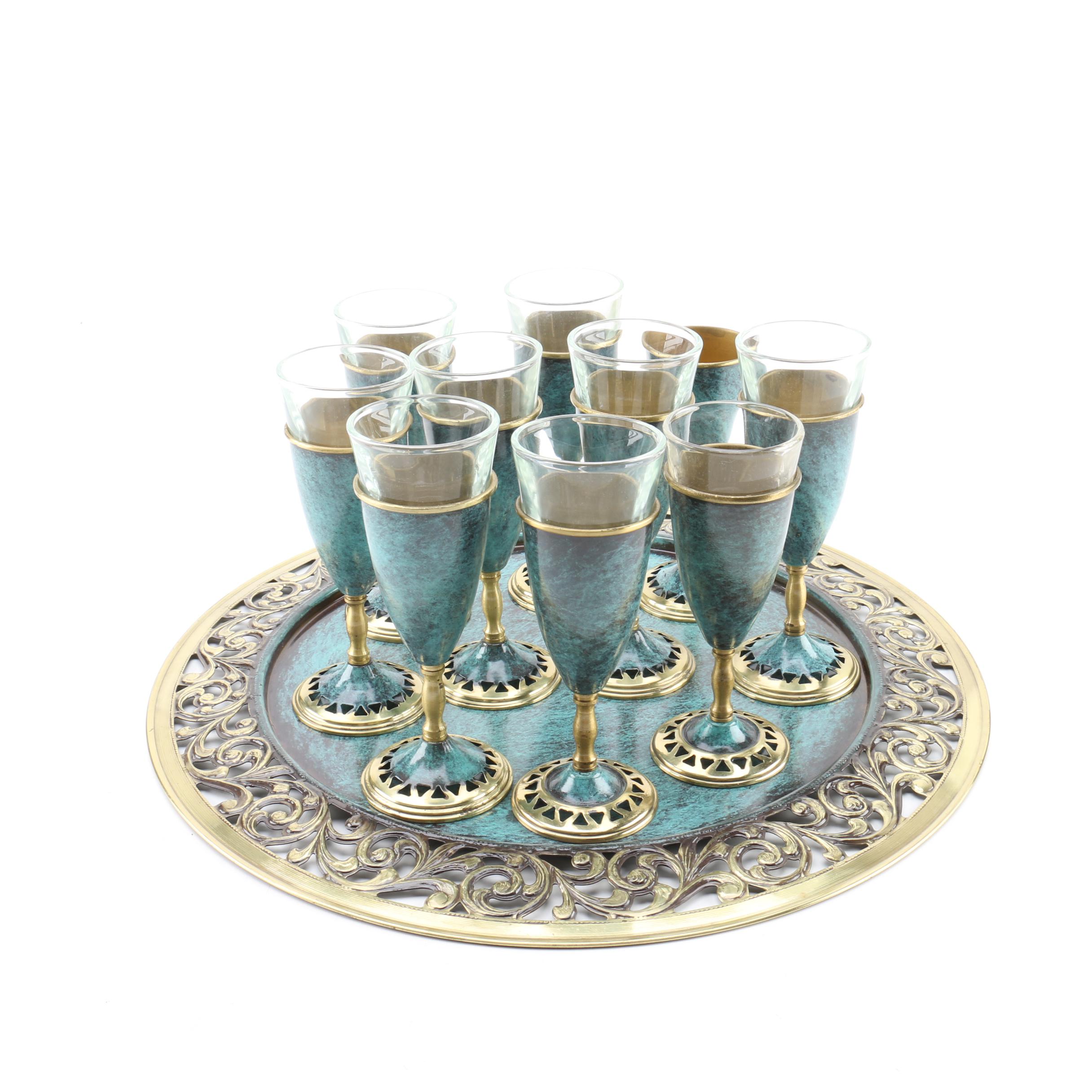 Vintage Verdis Gris Enamel Stemware and Tray