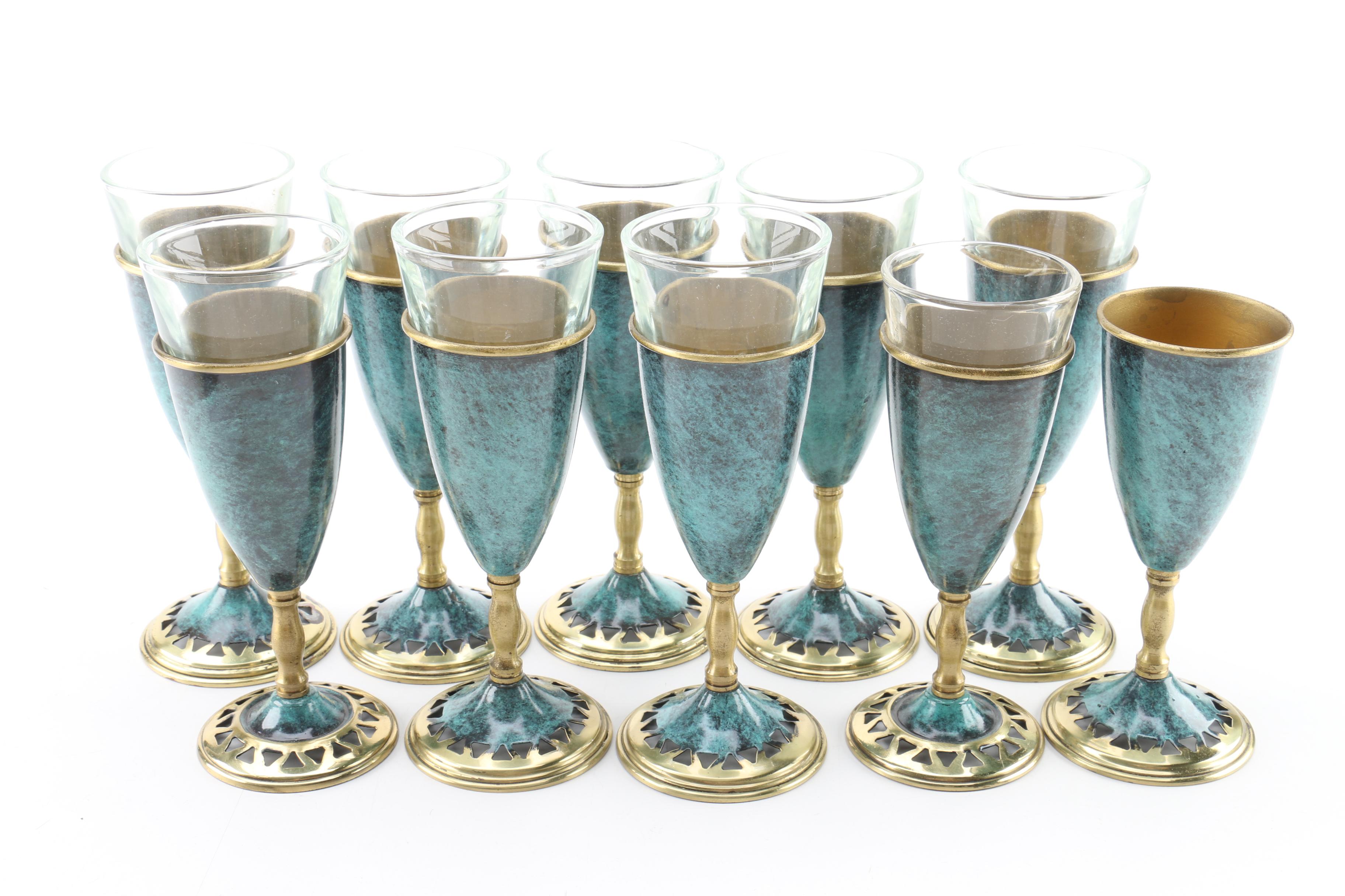 Vintage Verdis Gris Enamel Stemware and Tray