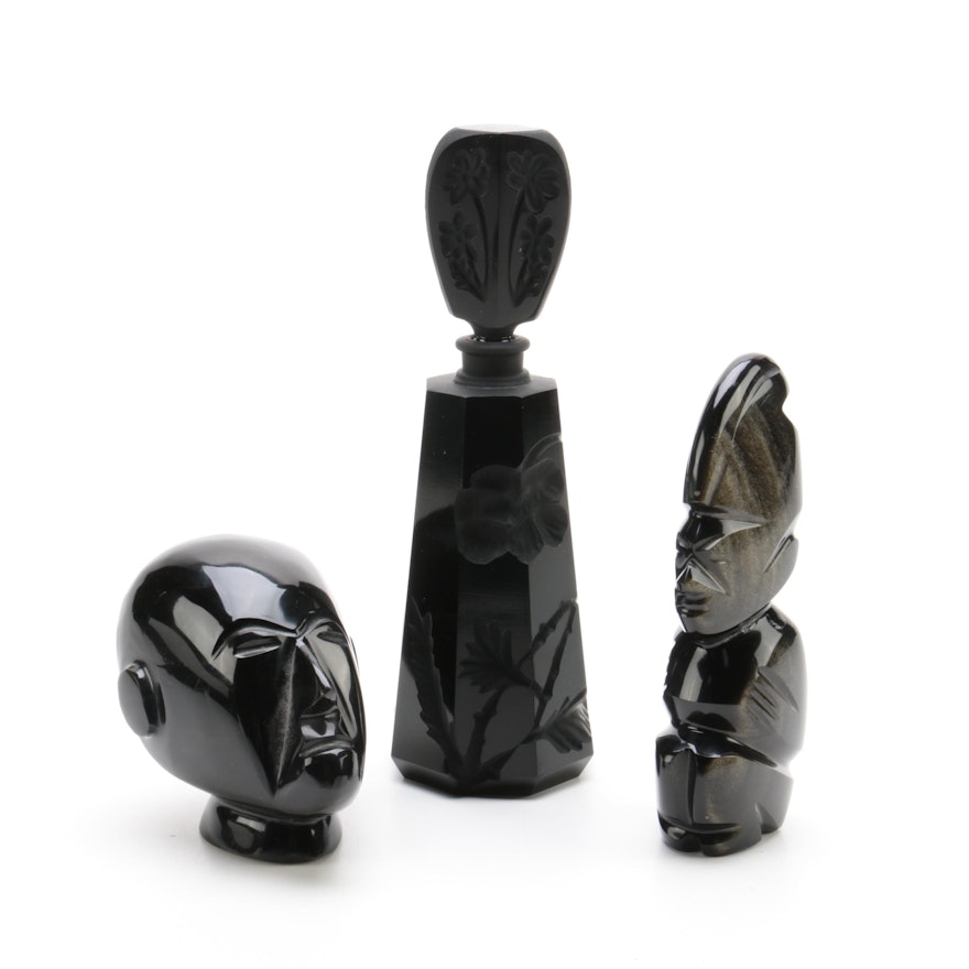 Chatoyant Quartz Figurines and Glass Perfume Bottle