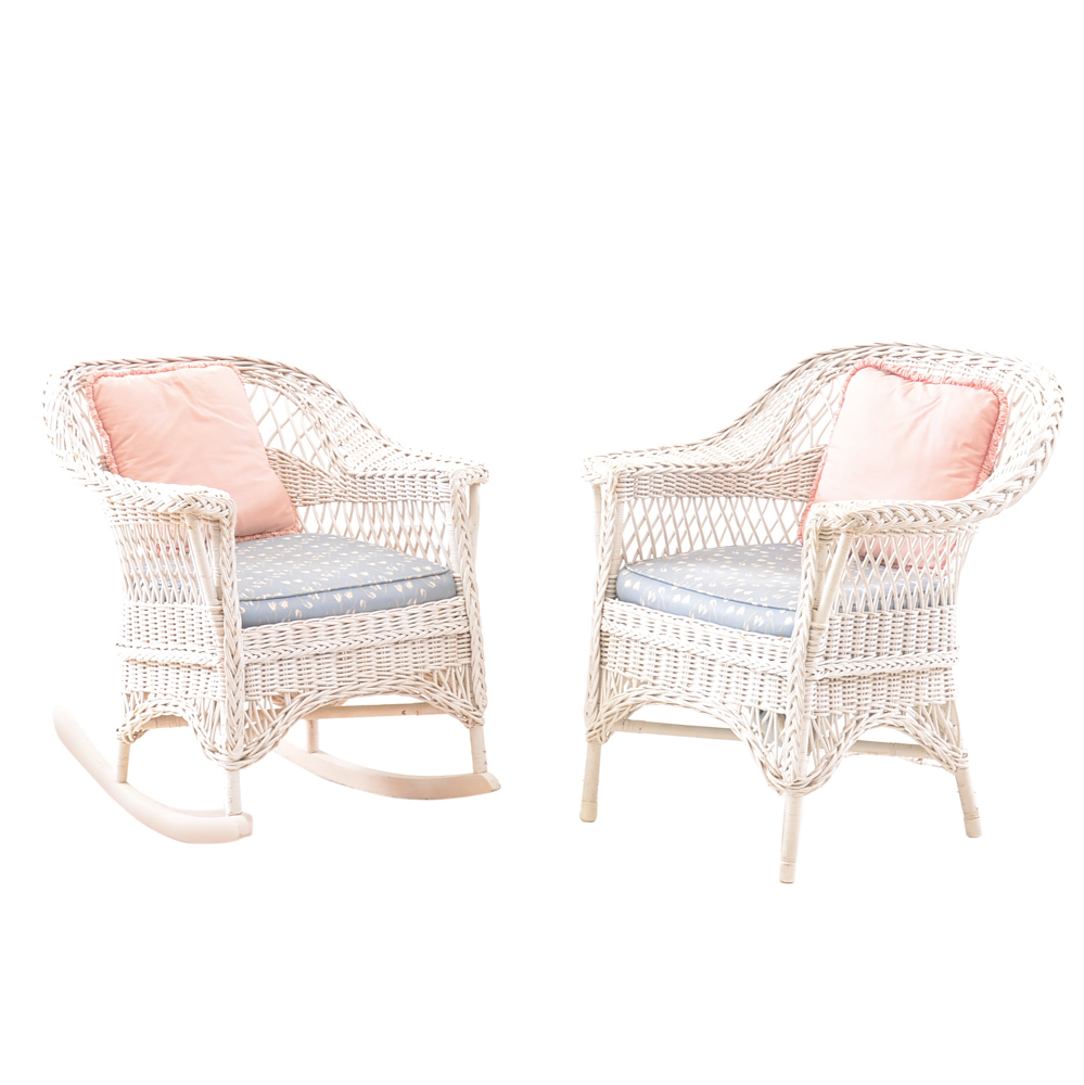 White Wicker Rocking Chair and Armchair