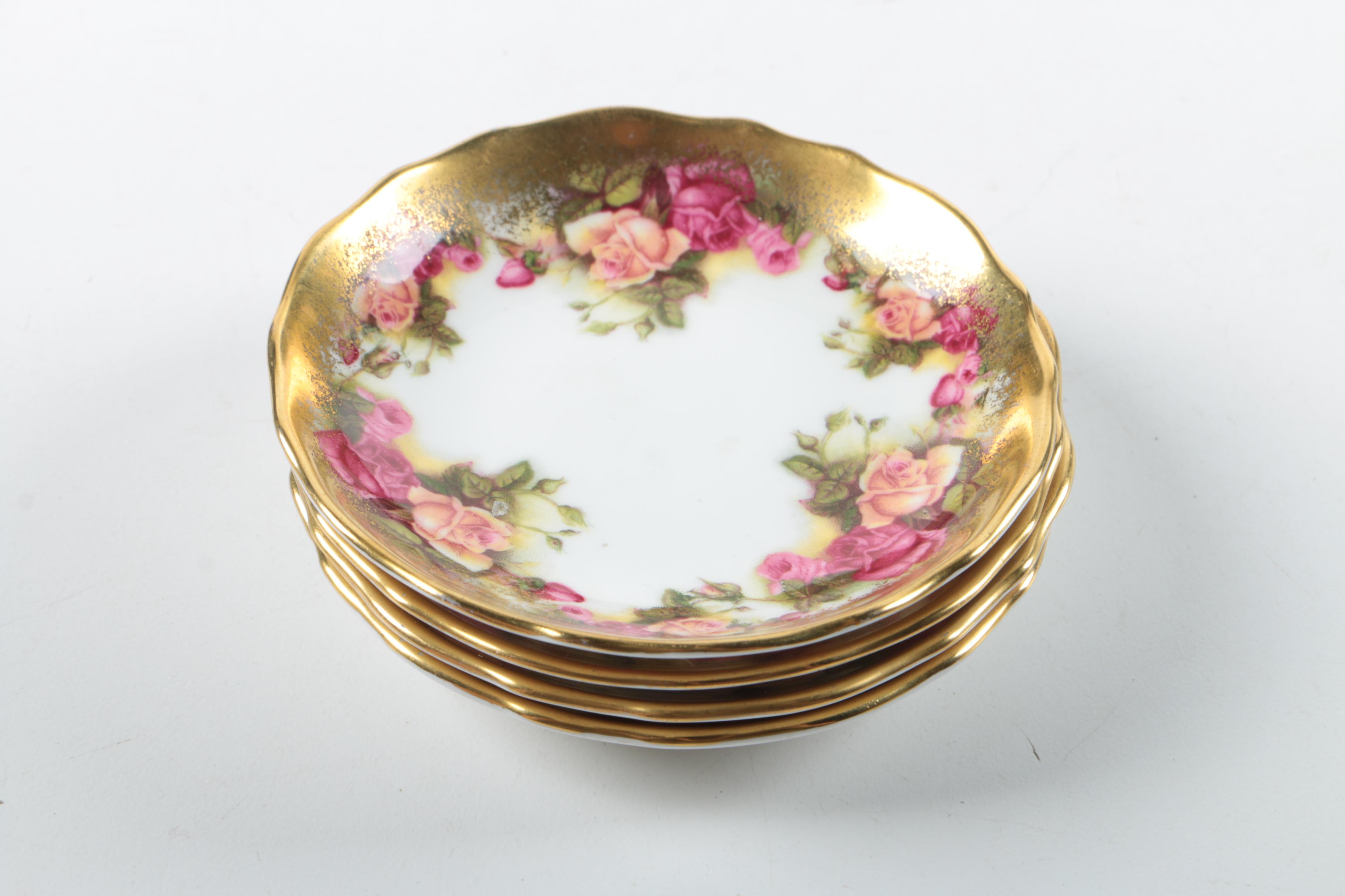 Royal Chelsea "Golden Rose" Saucers with Silver Plate Spoon and Other Tableware