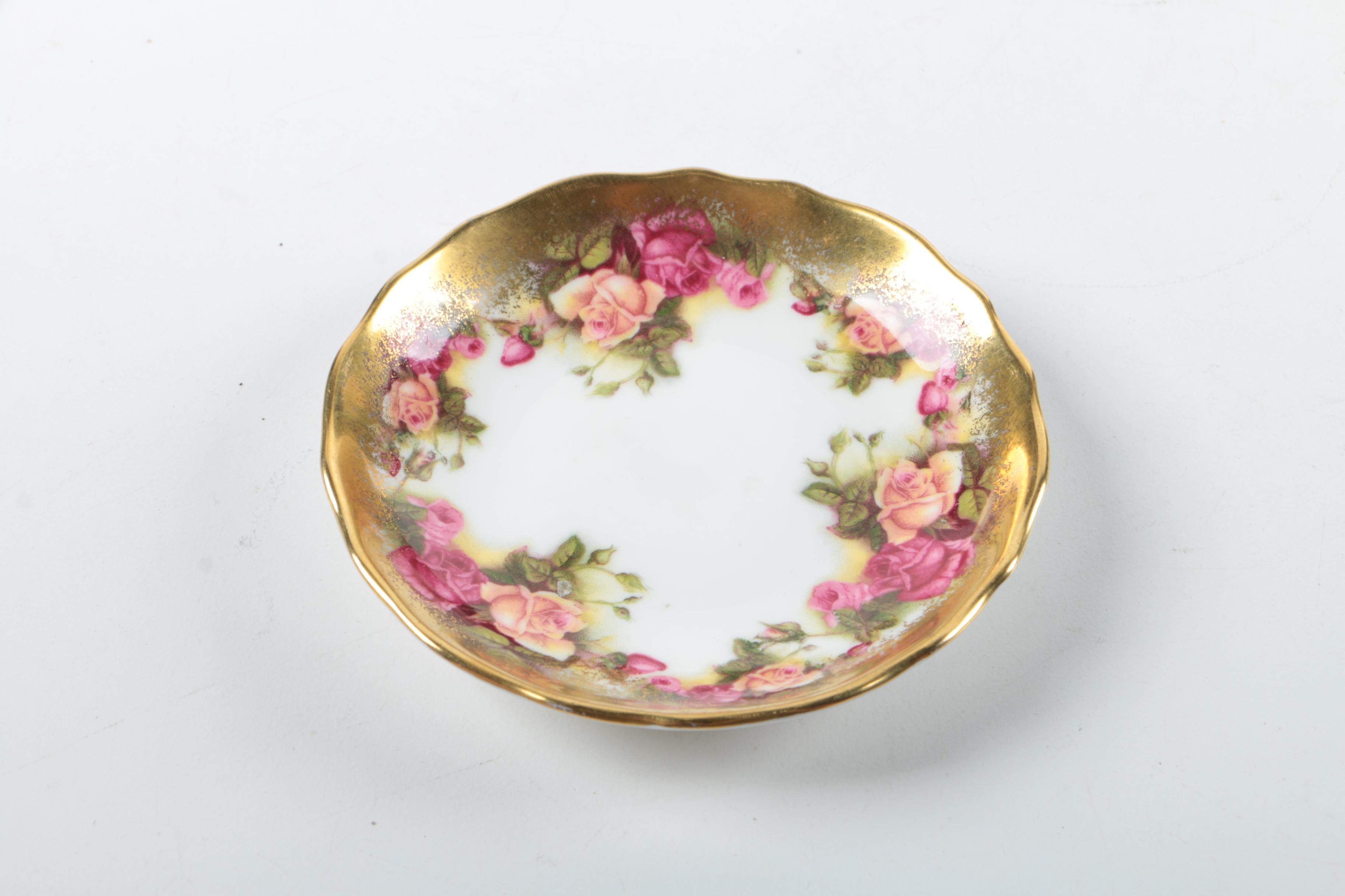 Royal Chelsea "Golden Rose" Saucers with Silver Plate Spoon and Other Tableware