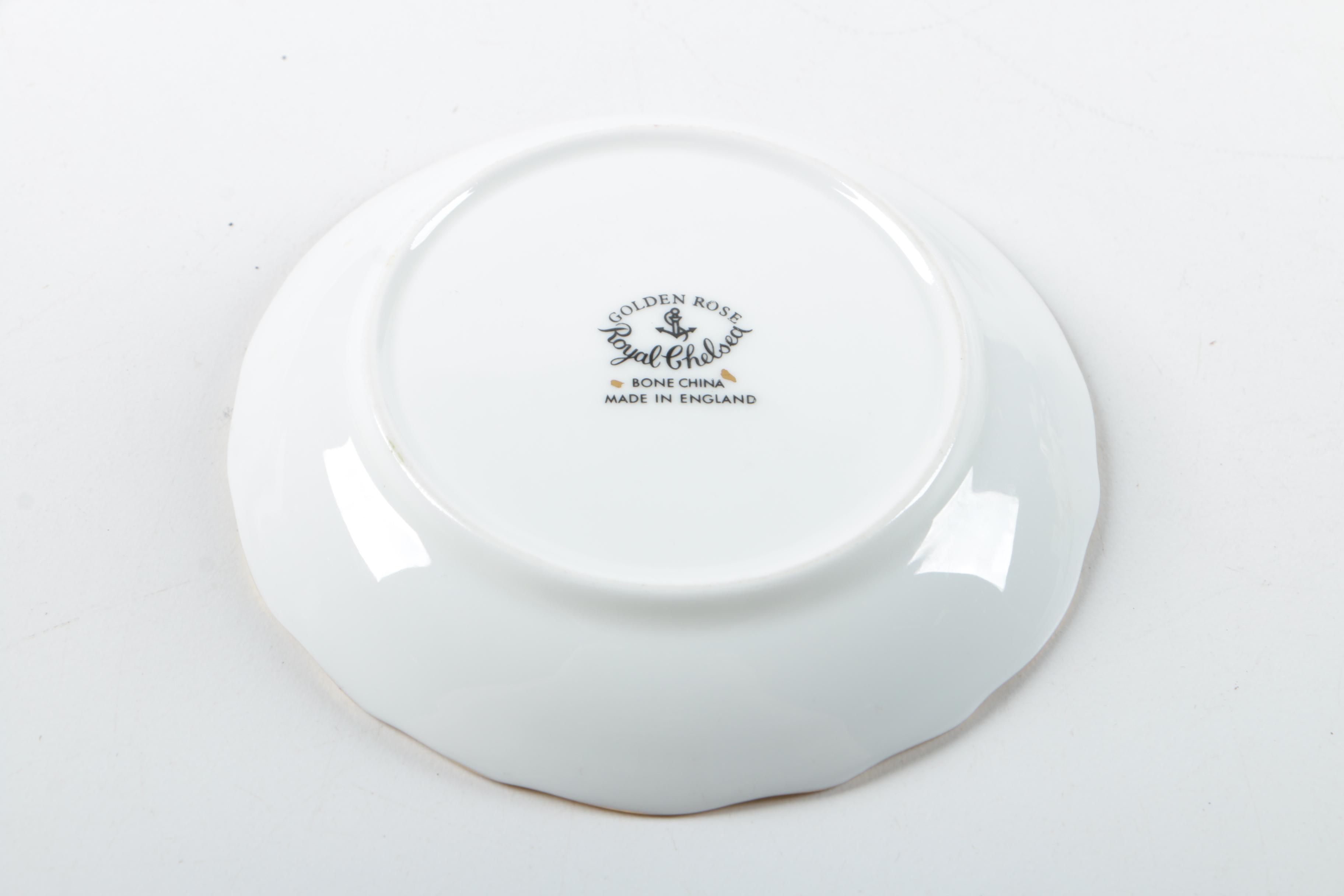 Royal Chelsea "Golden Rose" Saucers with Silver Plate Spoon and Other Tableware