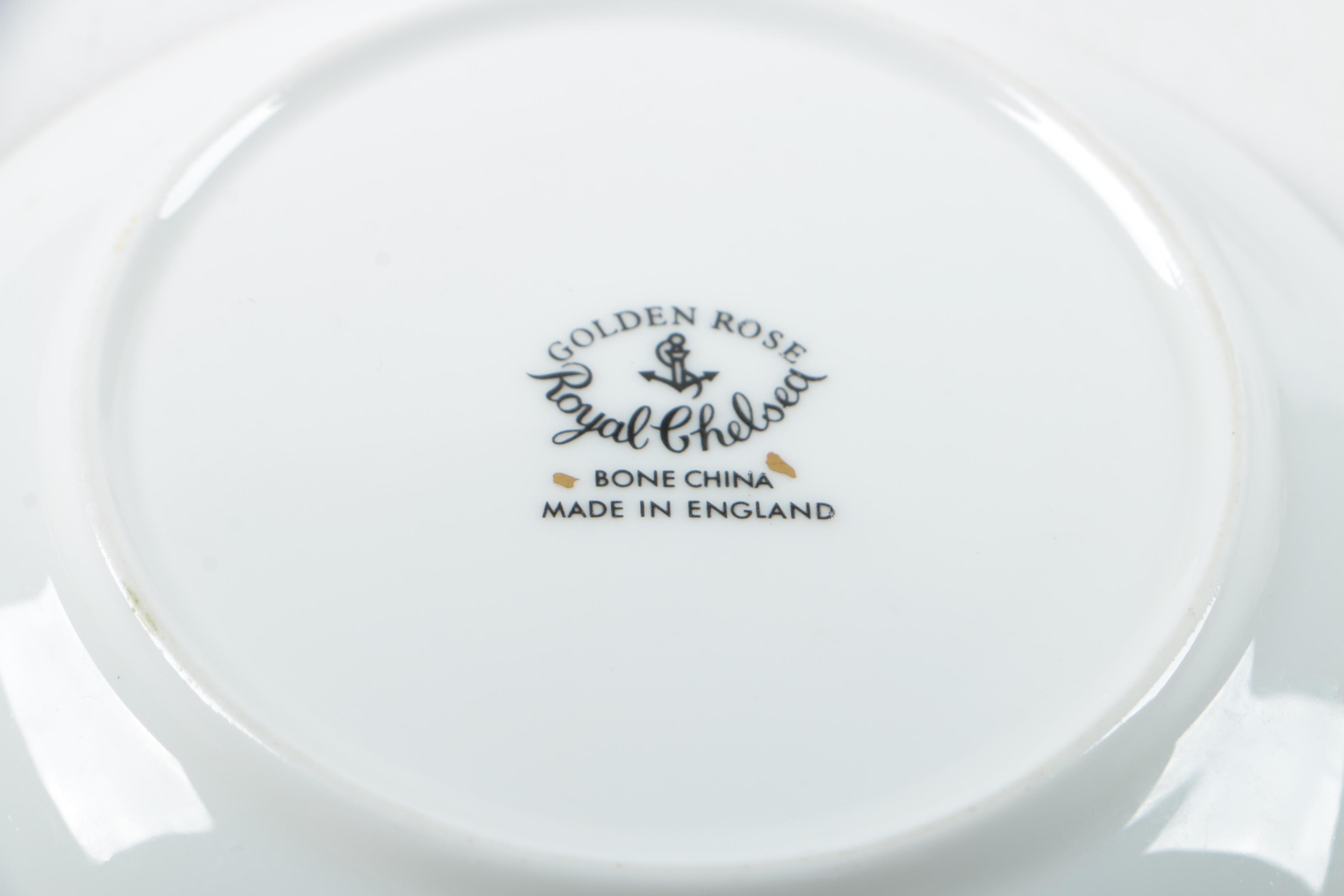 Royal Chelsea "Golden Rose" Saucers with Silver Plate Spoon and Other Tableware