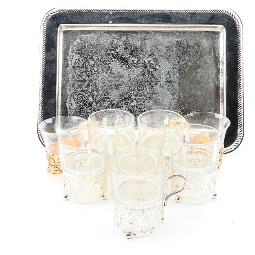 Silver Tray Serving Tray and Demitasse Cups with Glassware