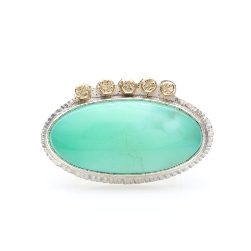 Sterling Silver Chrysoprase Ring With 18K Yellow Gold Accents