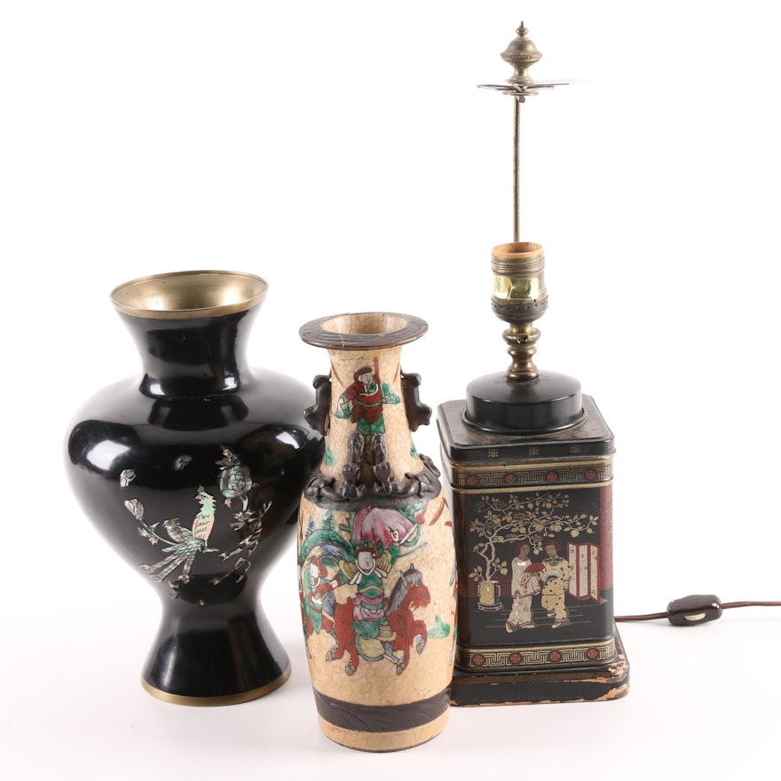 Chinoiserie Tea Tin Table Lamp and Asian Vases Including Abalone Inlay