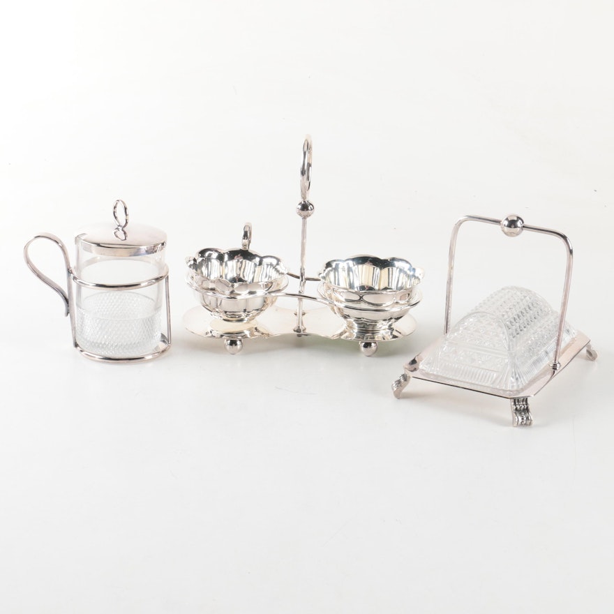 Silver Plated Preserves Stand with Assorted Glass and Silver Plate Serveware