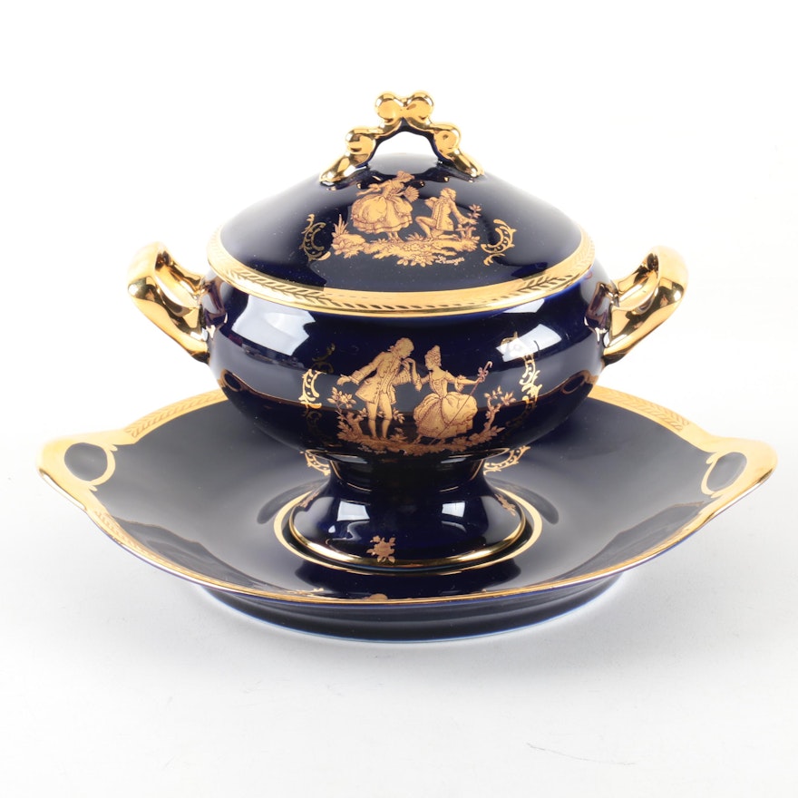 Limoges Porcelain Cobalt Tureen with Stand