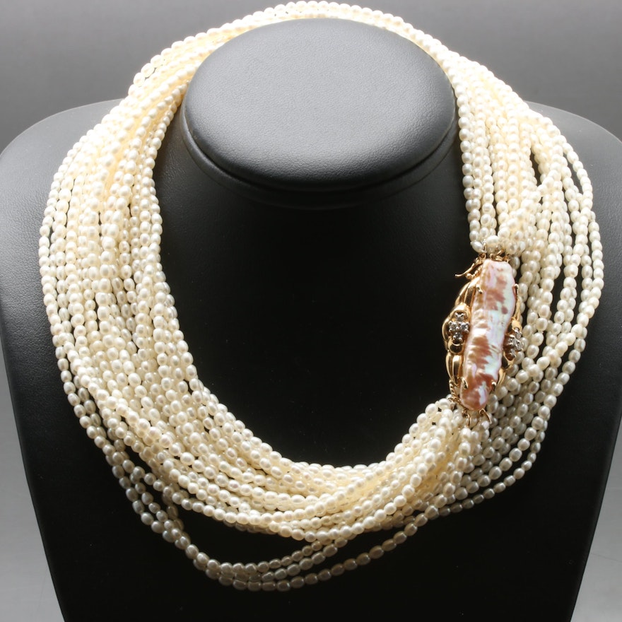 14K Yellow Gold Keshi and Seed Pearl Diamond Strand Necklace