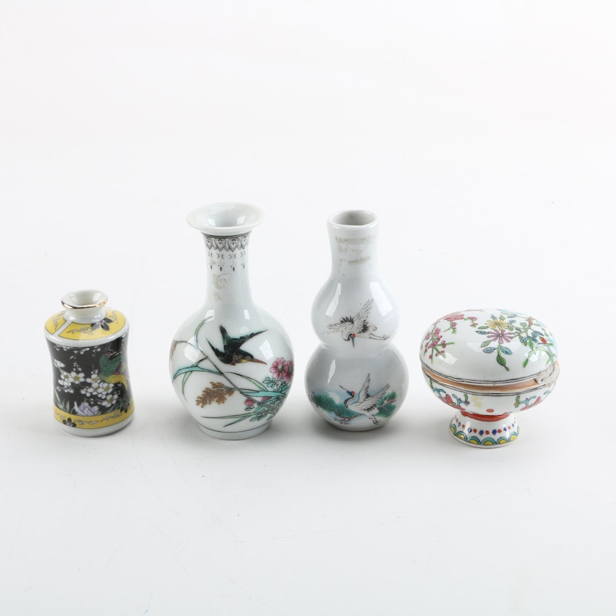 Hand-Painted Ceramic Vases and Trinket Box