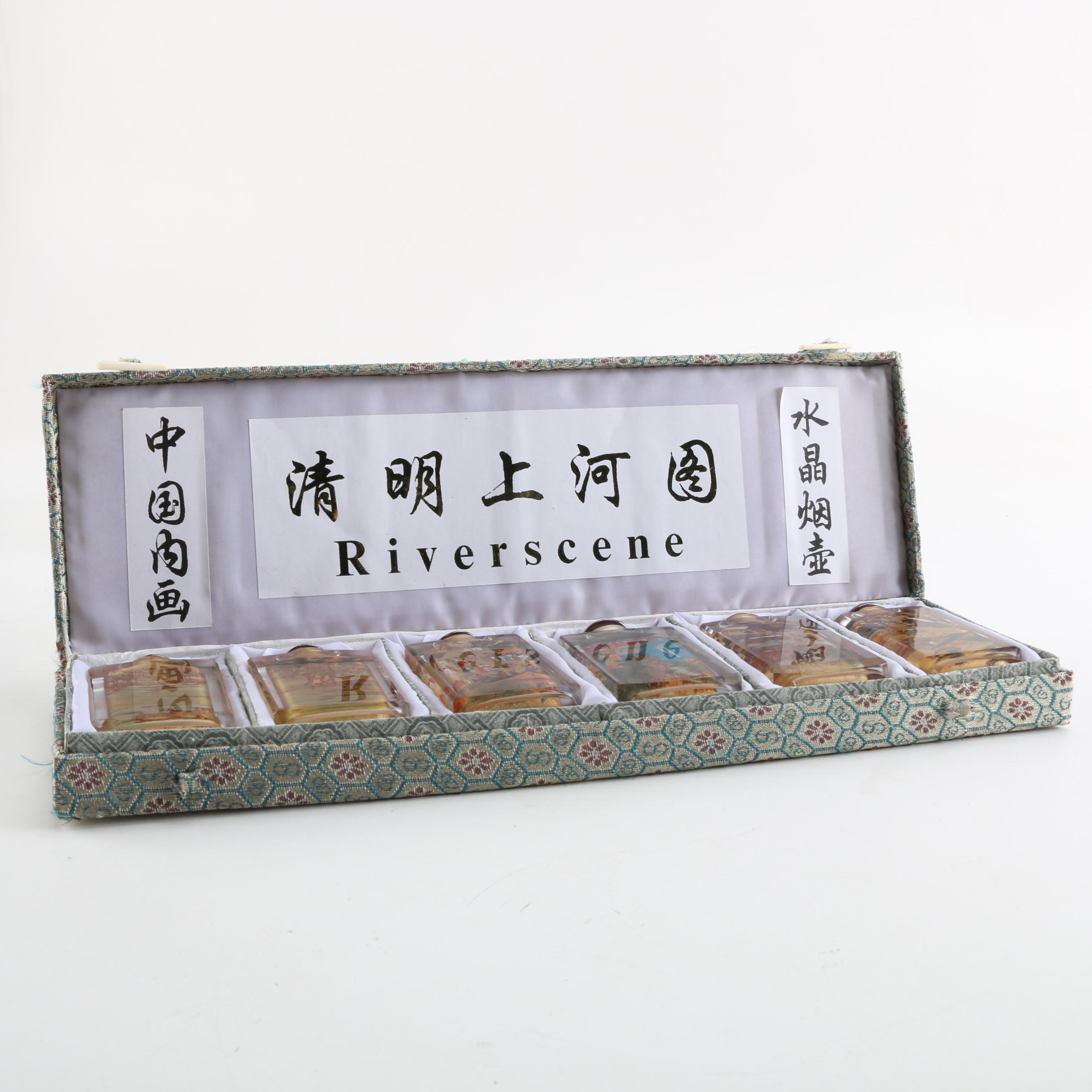 Series of Chinese Reverse Painted "Riverscene" Glass Snuff Bottles